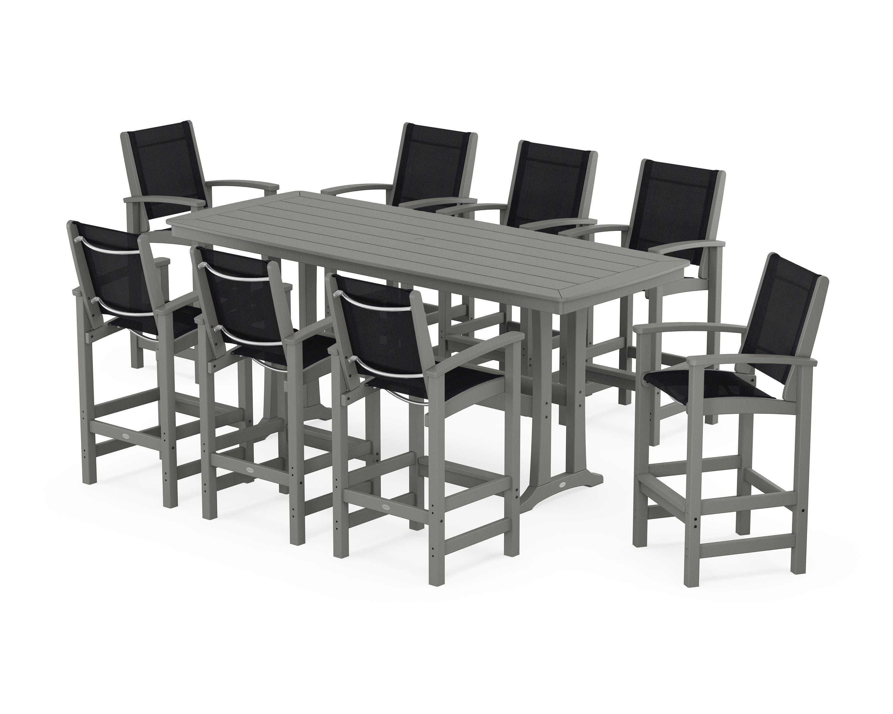 POLYWOOD® Coastal 9-Piece Bar Set with Trestle Legs in Slate Grey / Black Sling