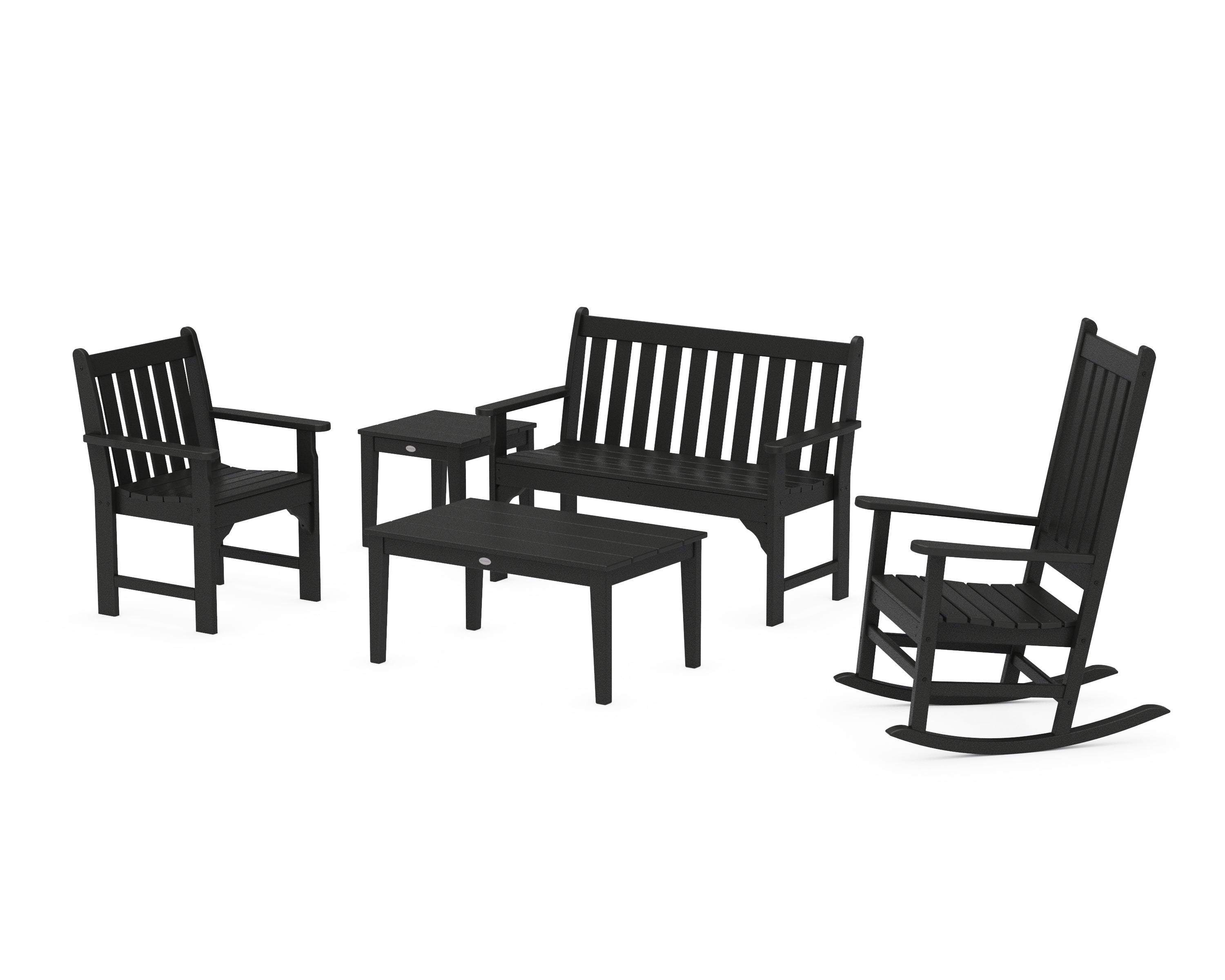 POLYWOOD® Vineyard 5-Piece Bench & Rocking Chair Set in Black