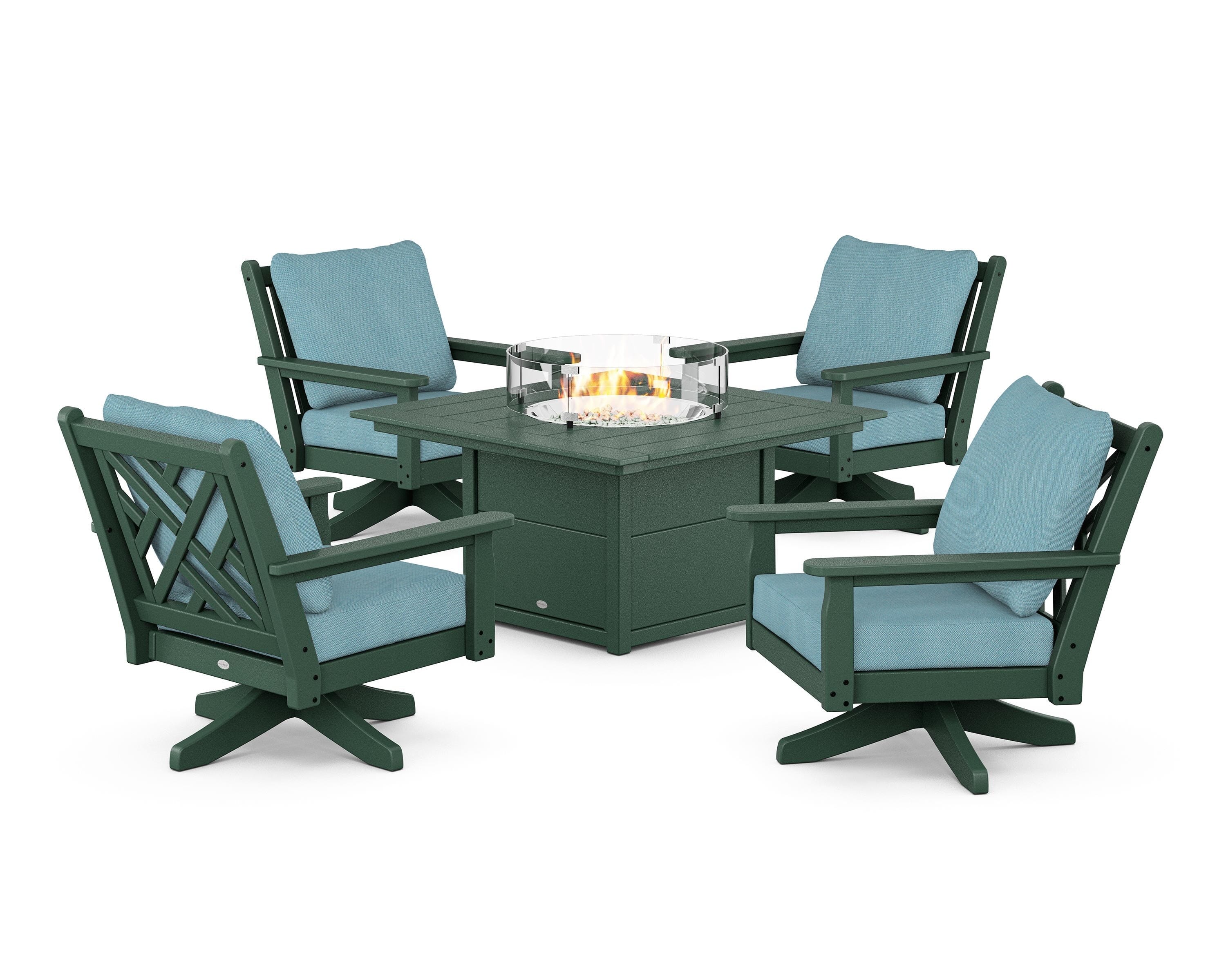 POLYWOOD® Chippendale 5-Piece Deep Seating Swivel Conversation Set with Fire Pit Table in Green / Lattice Sky Blue