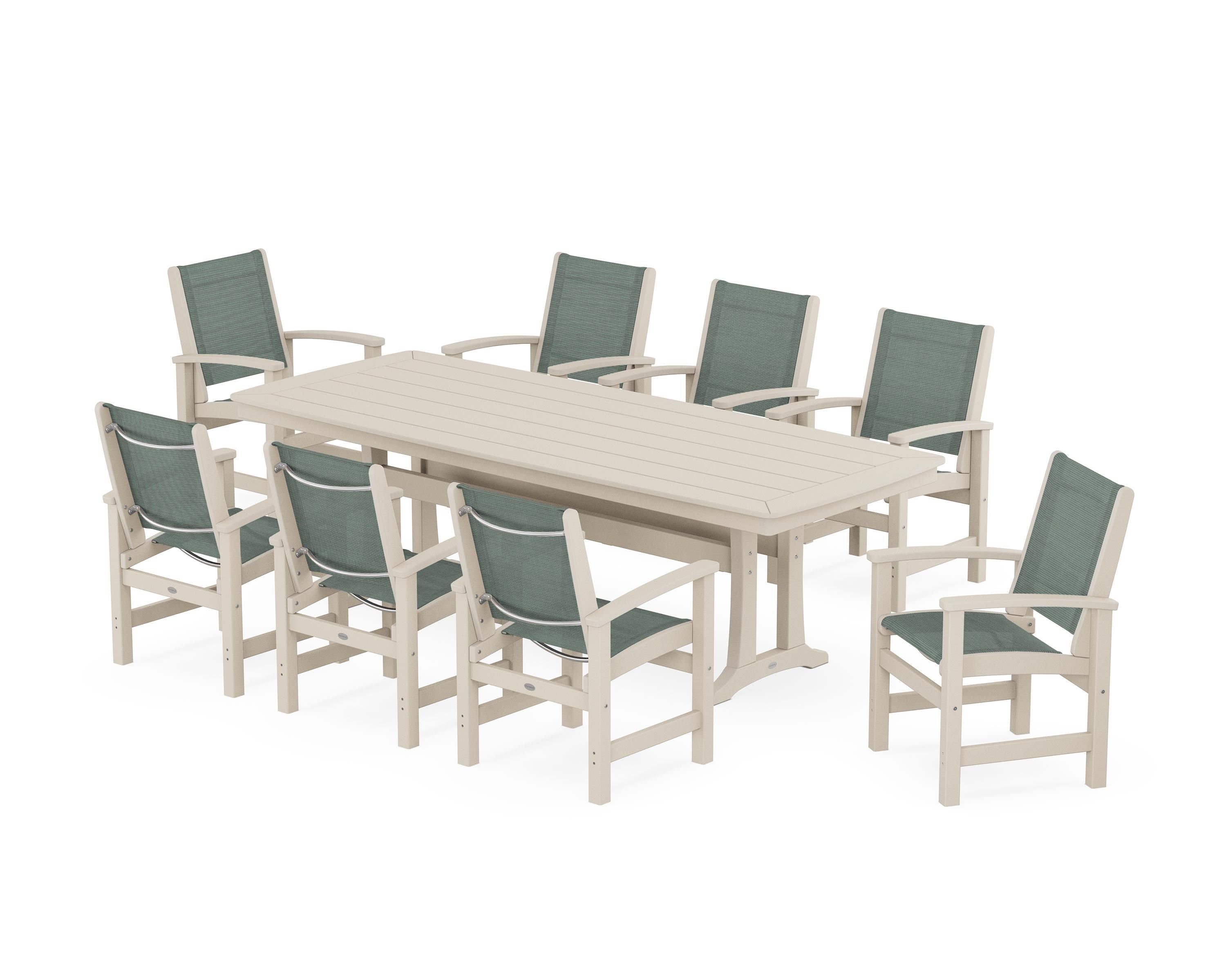 POLYWOOD® Coastal 9-Piece Dining Set with Trestle Legs in Sand / Dupioni Sea Mist Sling