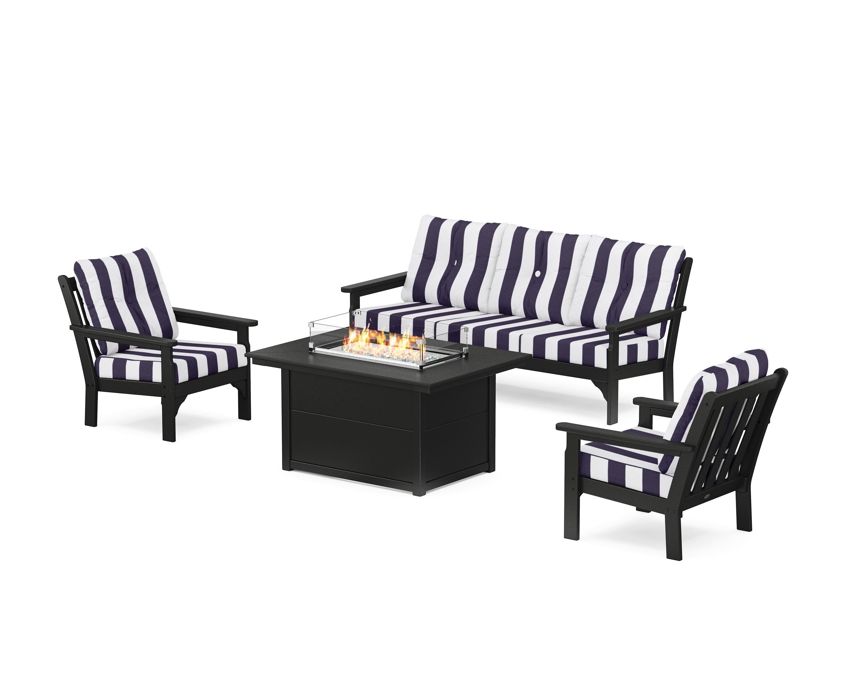 POLYWOOD® Vineyard Deep Seating Fire Pit Table Set in Black / Cabana Stripe Navy