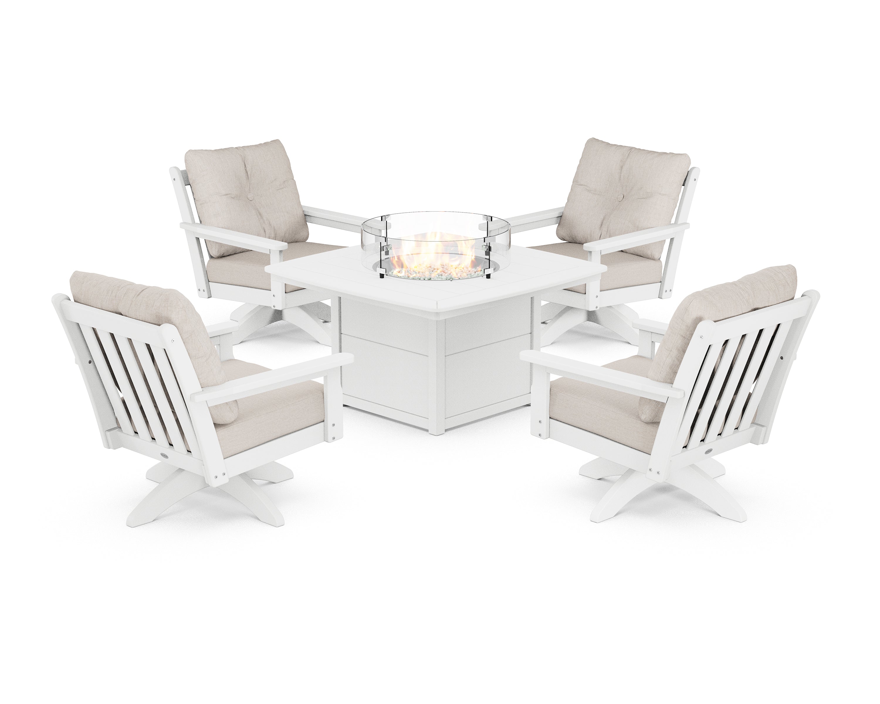 POLYWOOD® Vineyard 5-Piece Deep Seating Swivel Conversation Set with Fire Pit Table in White / Cast Ash