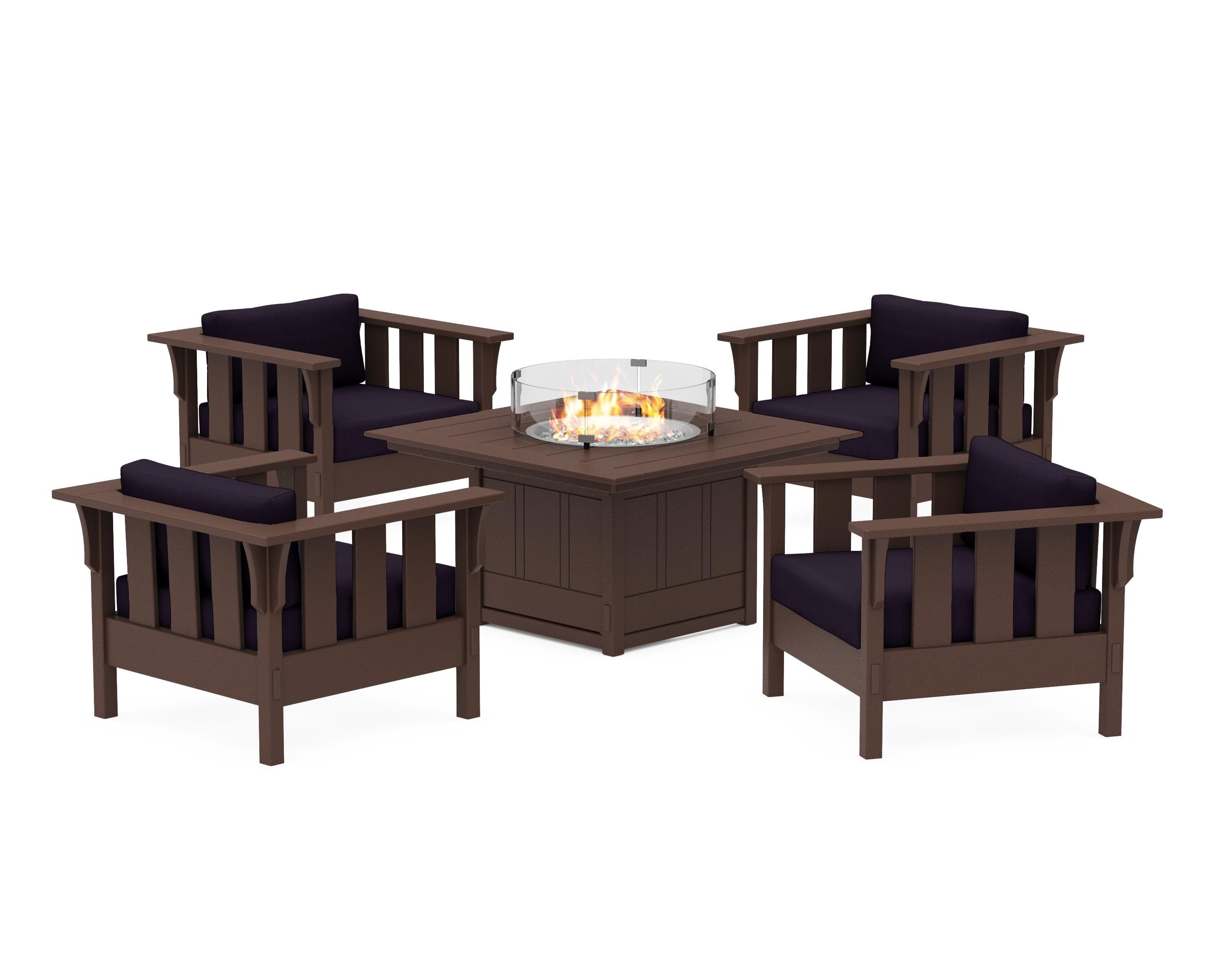 Martha Stewart by POLYWOOD® Acadia 5-Piece Deep Seating Set with Fire Pit Table in Mahogany / Navy Linen