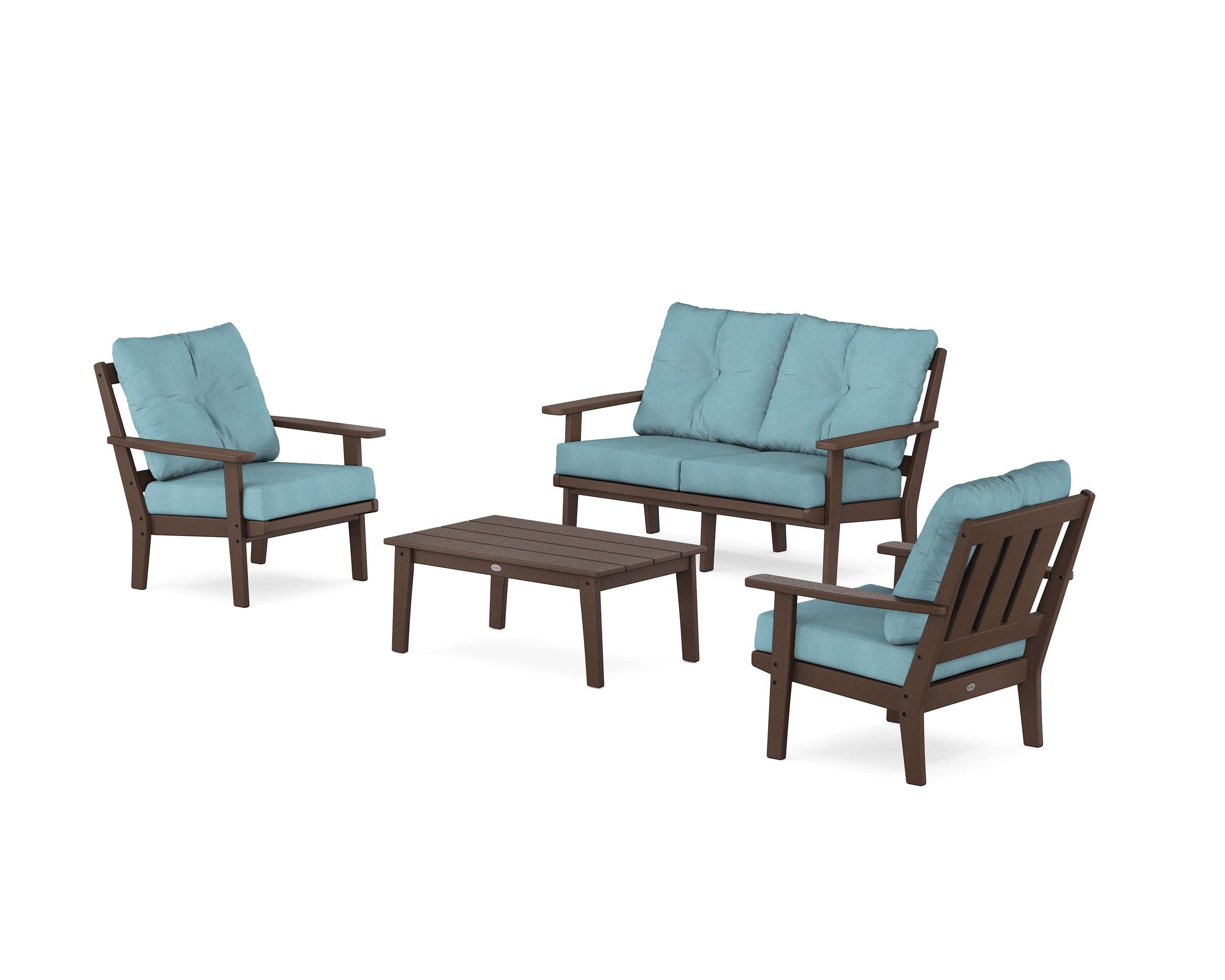 POLYWOOD® Oxford 4-Piece Deep Seating Set with Loveseat in Mahogany / Lattice Sky Blue