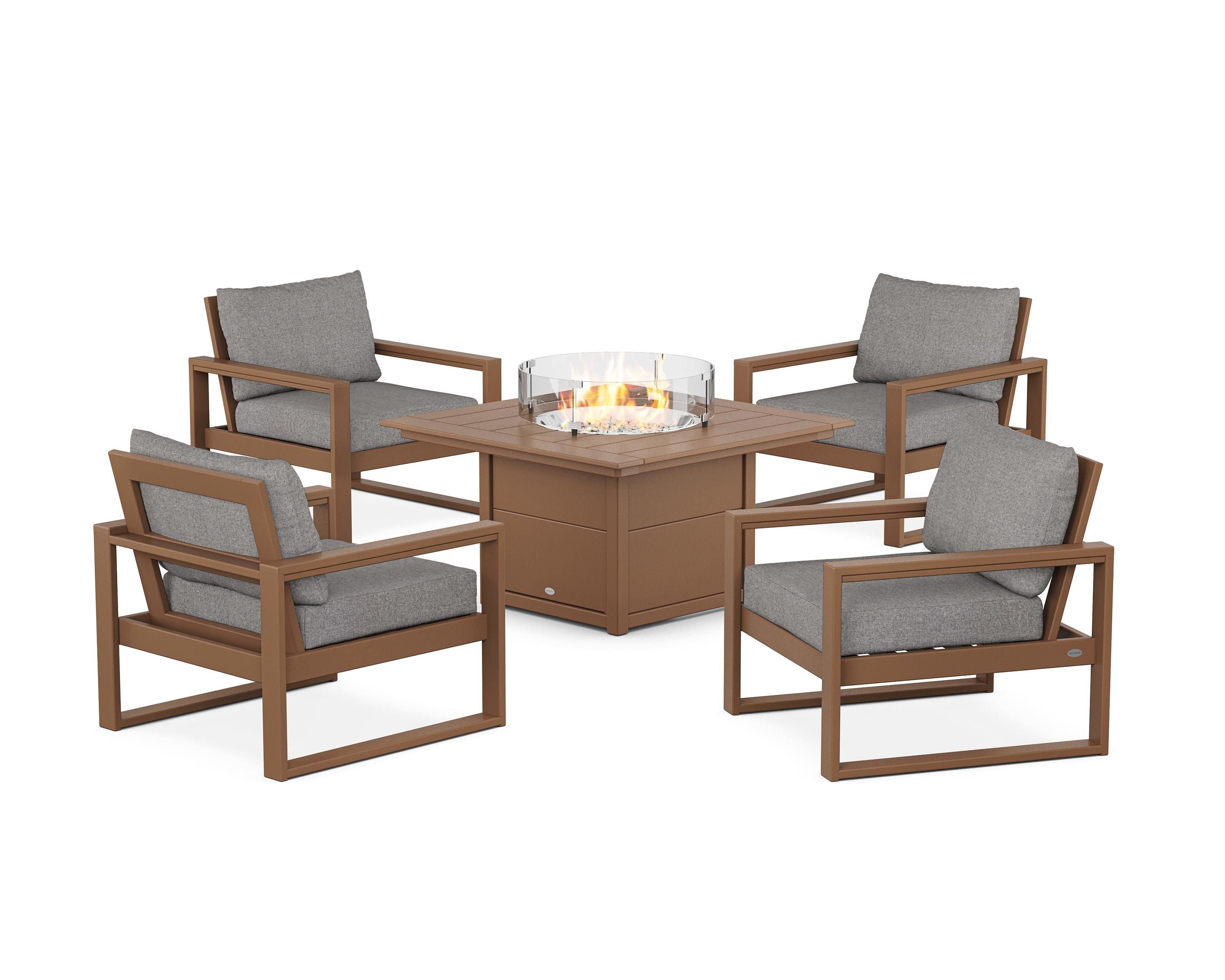 POLYWOOD® EDGE Sectional 5-Piece Deep Seating Set with Fire Pit Table in Teak / Grey Mist