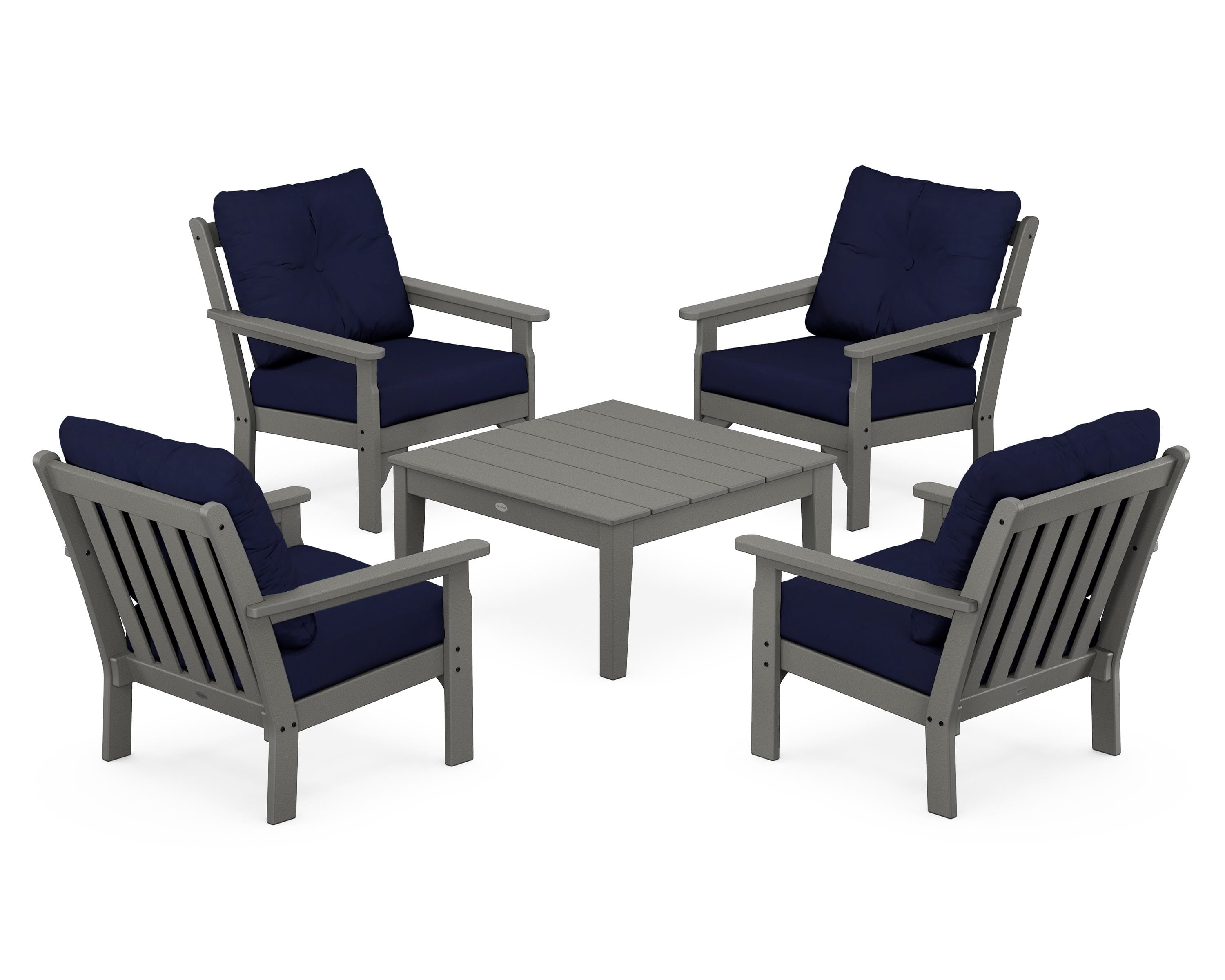 POLYWOOD® Vineyard 5-Piece Deep Seating Conversation Set in Slate Grey / Navy