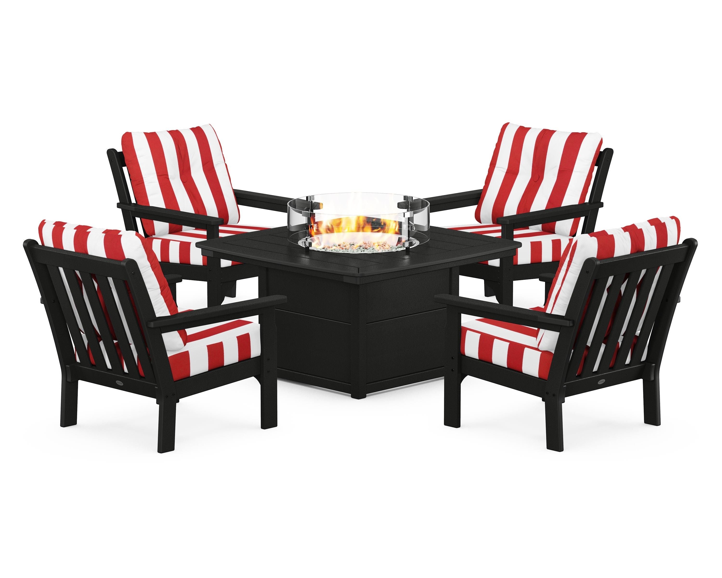 POLYWOOD® Vineyard 5-Piece Conversation Set with Fire Pit Table in Black / Cabana Stripe Crimson