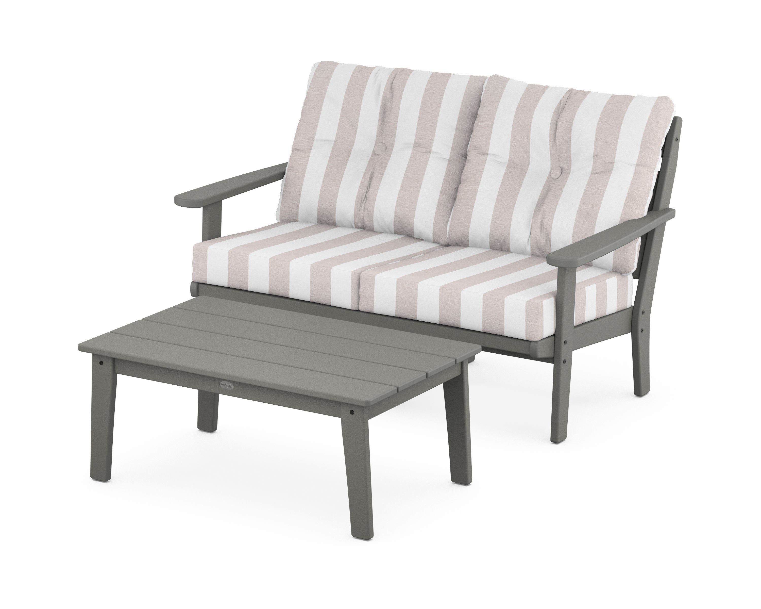 POLYWOOD® Lakeside 2-Piece Lounge Loveseat Set in Slate Grey / Cabana Stripe Dune Burlap