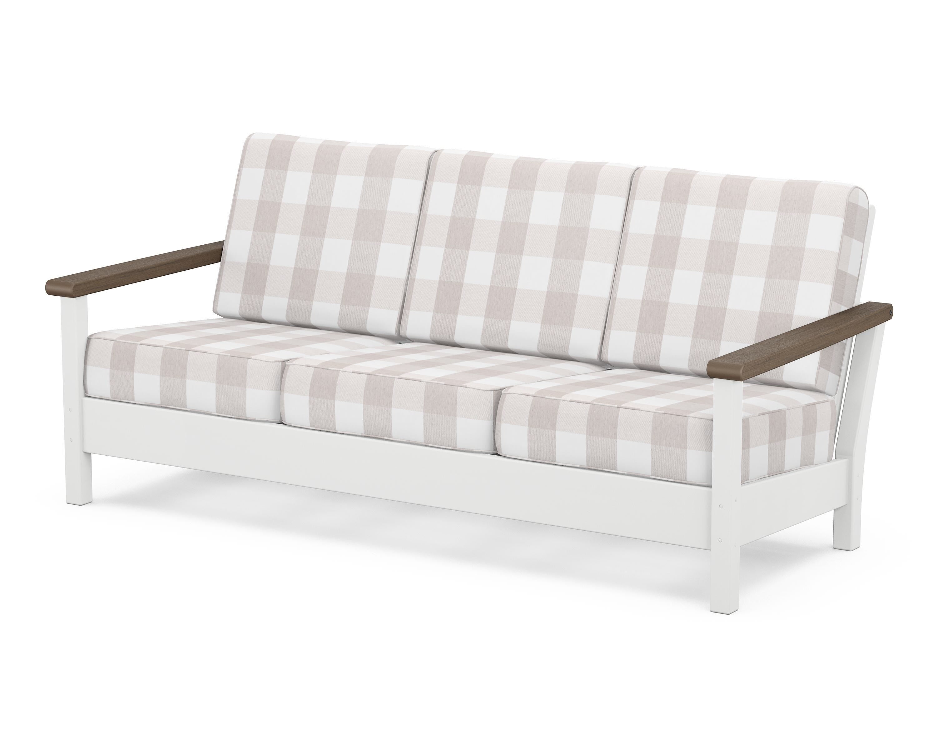 POLYWOOD® Harbour Deep Seating Sofa in White / Kona / Buffalo Plaid Dune Burlap