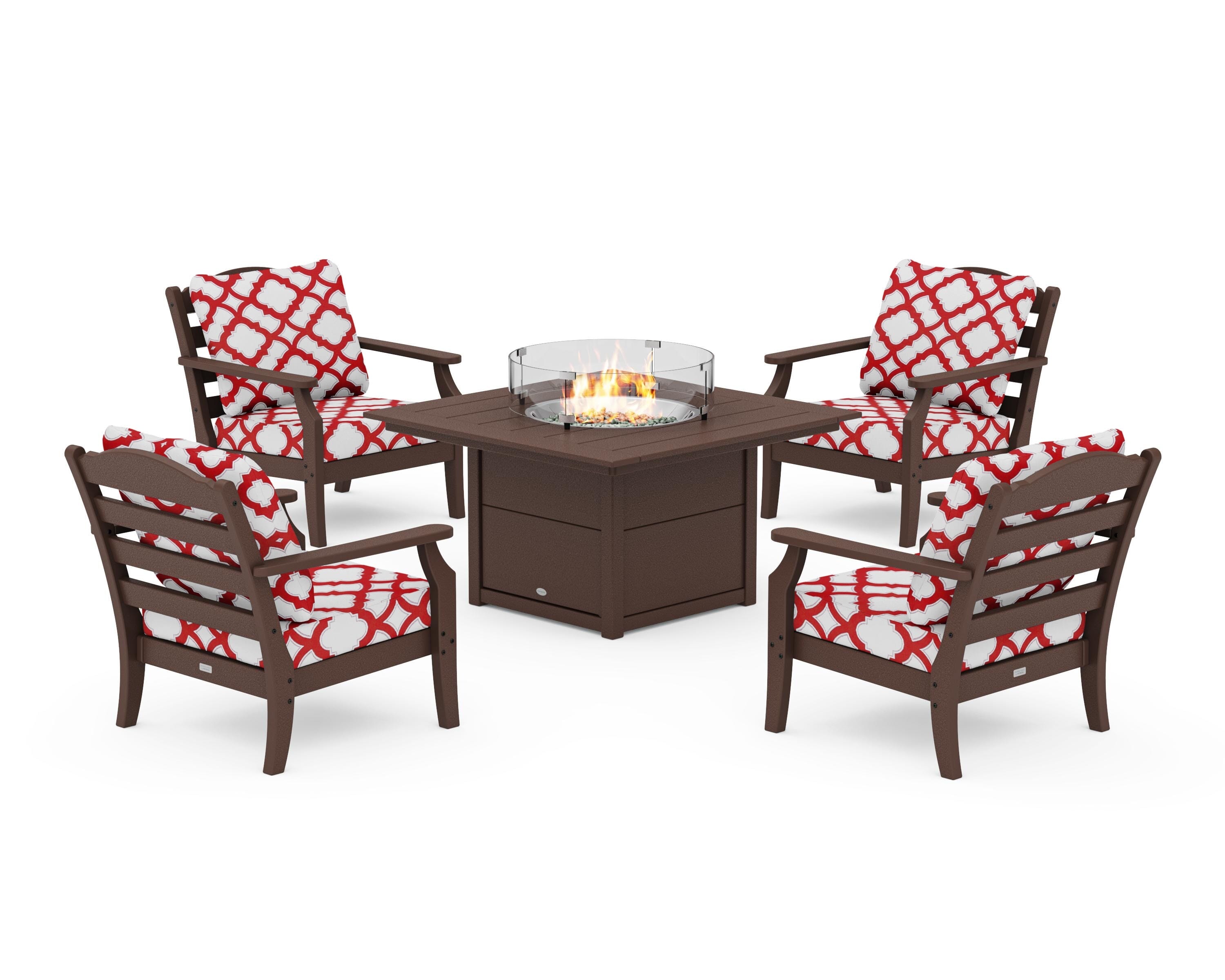 Draper James™ by POLYWOOD® Savannah 5-Piece Deep Seating Set with Fire Pit Table in Mahogany / Trellis Crimson