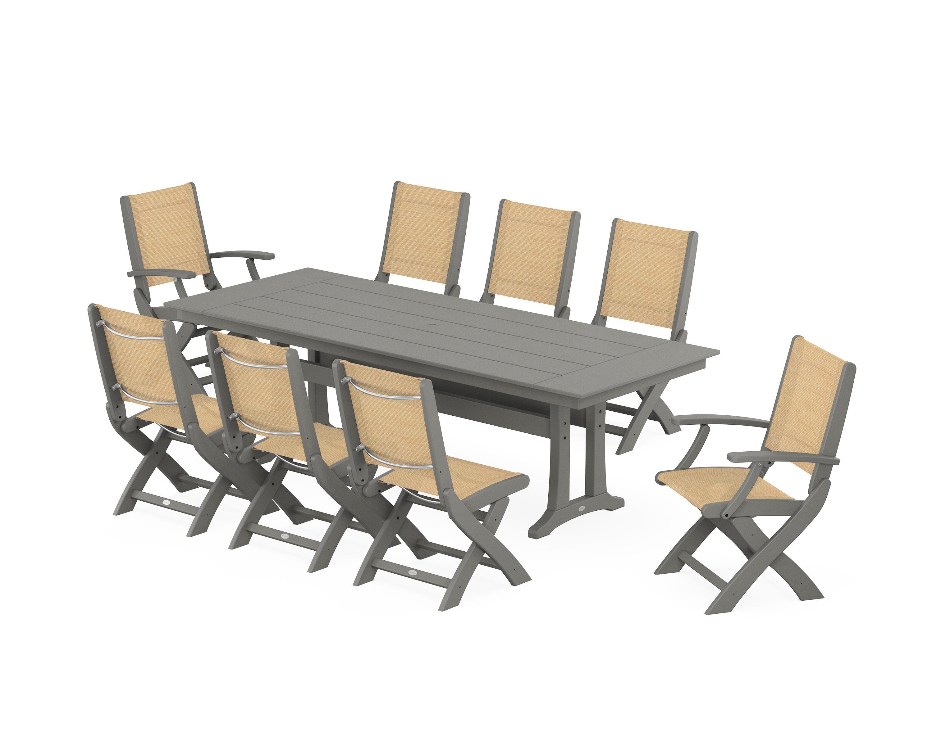 POLYWOOD® Coastal 9-Piece Folding Dining Chair Farmhouse Dining Set with Trestle Legs in Slate Grey / Dupioni Apricot Sling