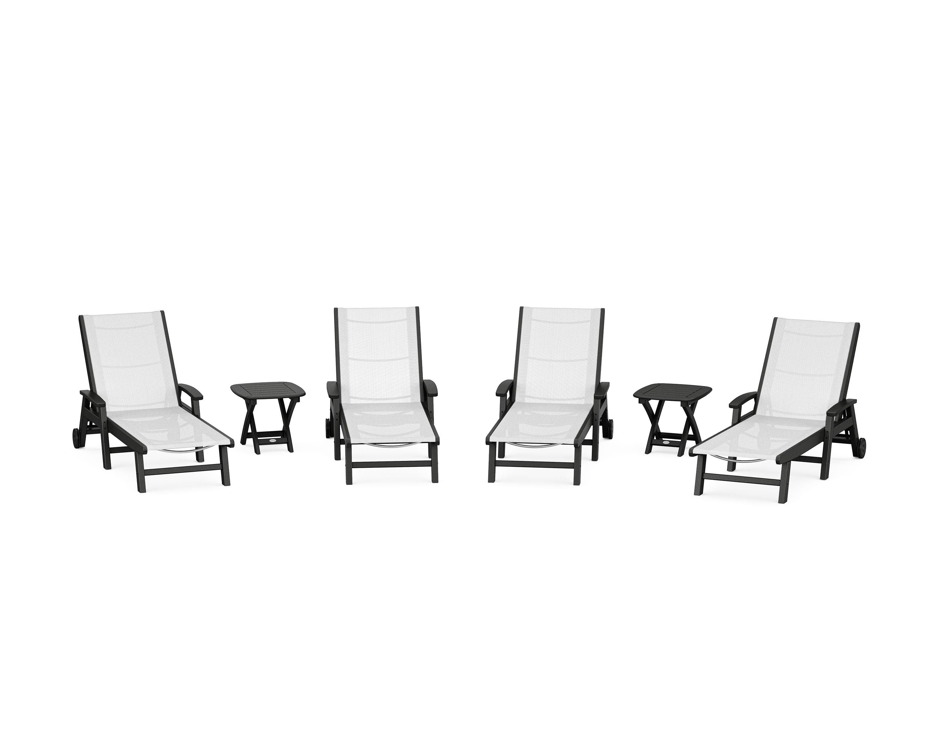 POLYWOOD® Coastal Chaise 6-Piece Set with Wheels in Black / White Sling