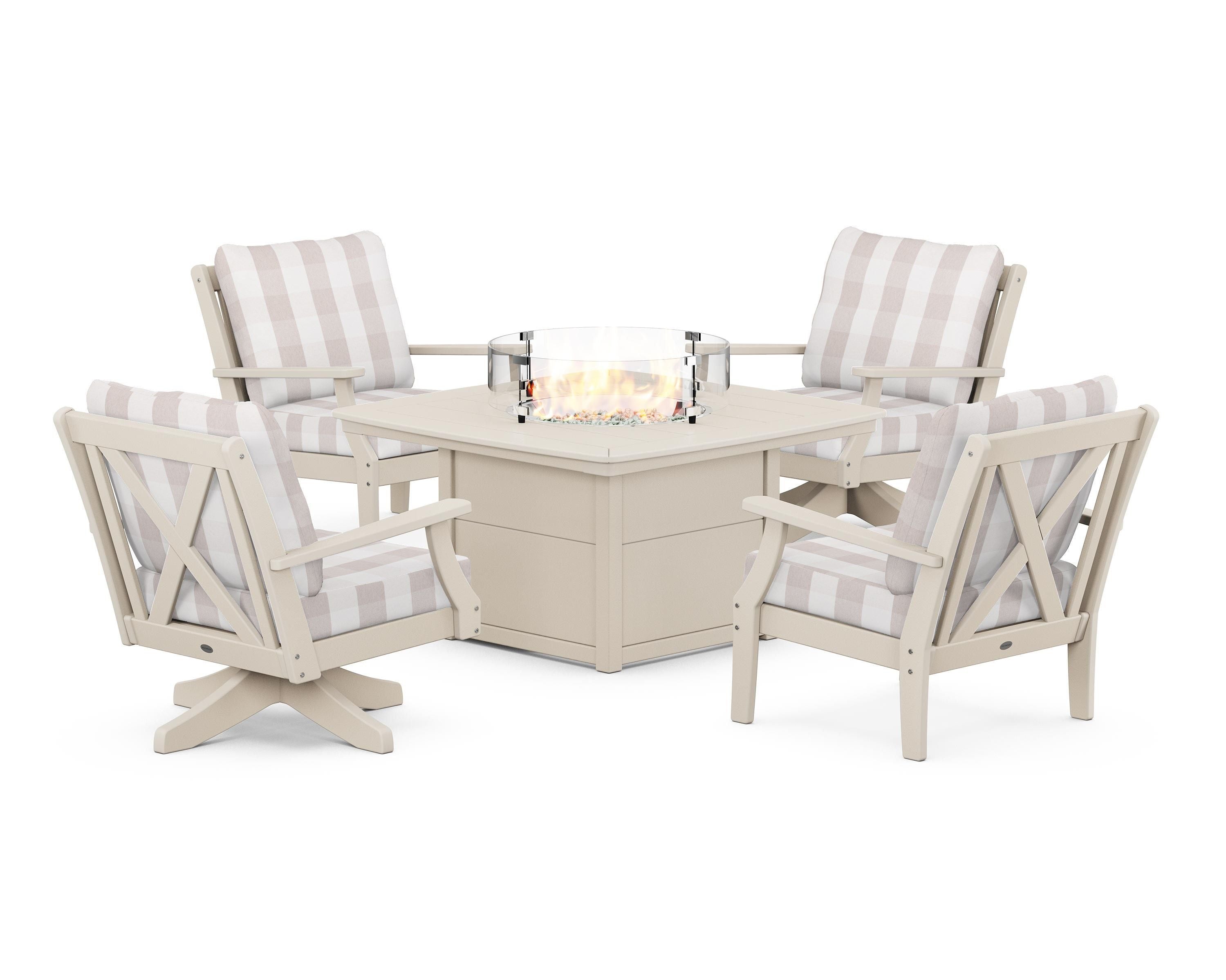 POLYWOOD® Braxton 5-Piece Deep Seating Set with Fire Table in Sand / Buffalo Plaid Dune Burlap