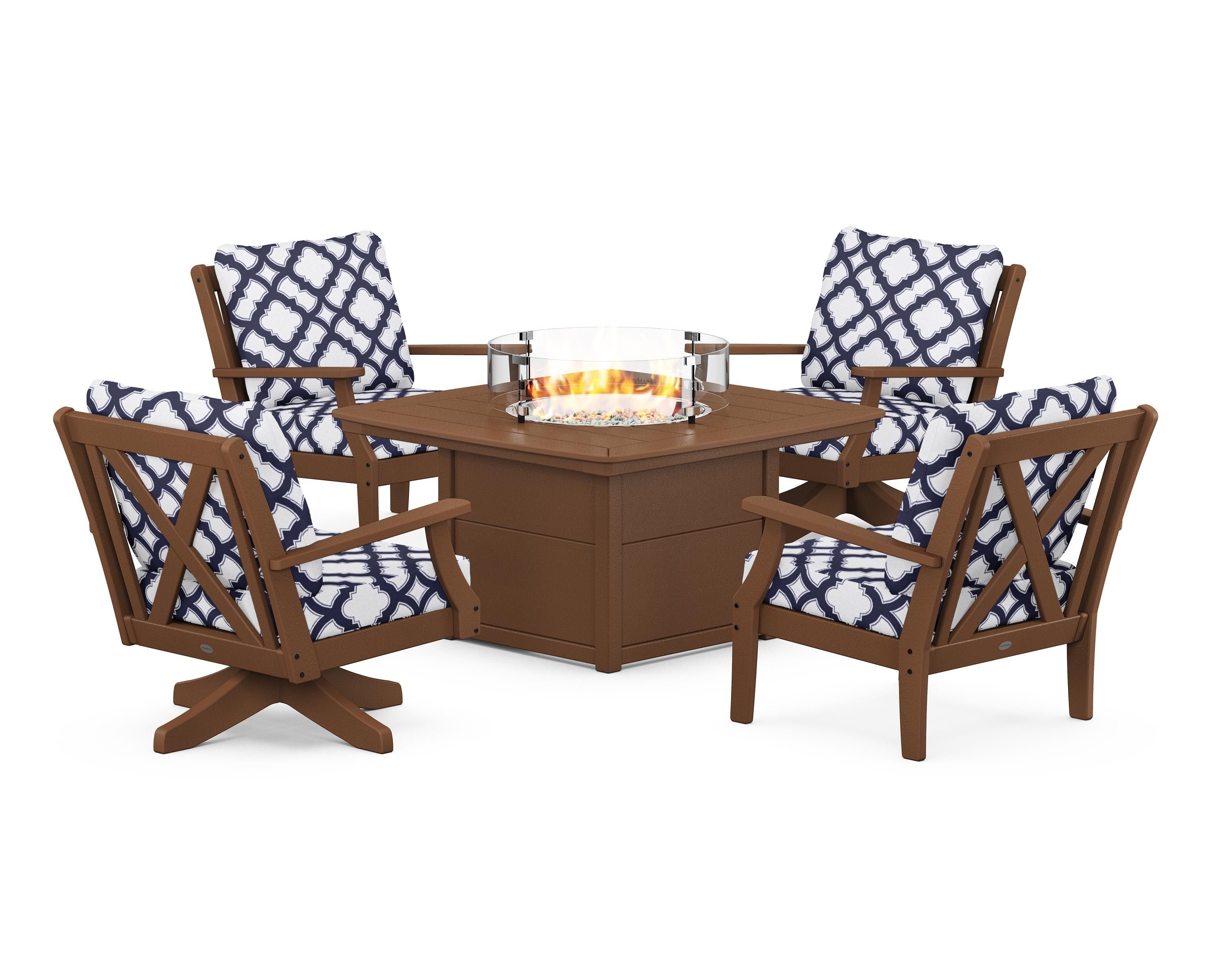 POLYWOOD® Braxton 5-Piece Deep Seating Set with Fire Table in Teak / Trellis Navy