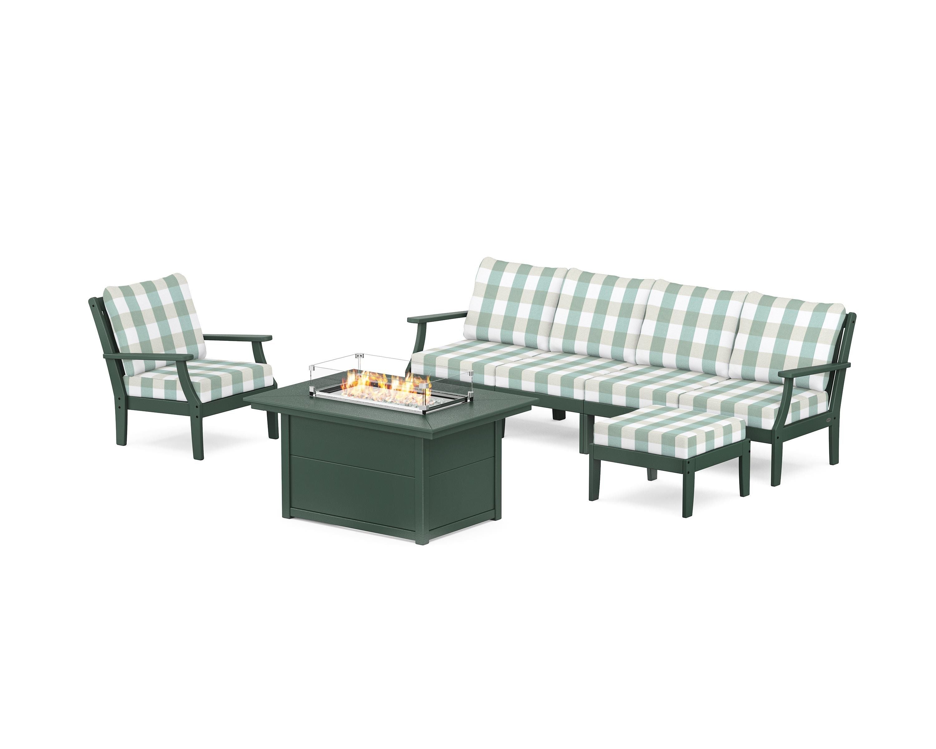 POLYWOOD® Braxton Sectional Lounge and Fire Pit Set in Green / Buffalo Plaid Glacier Spa
