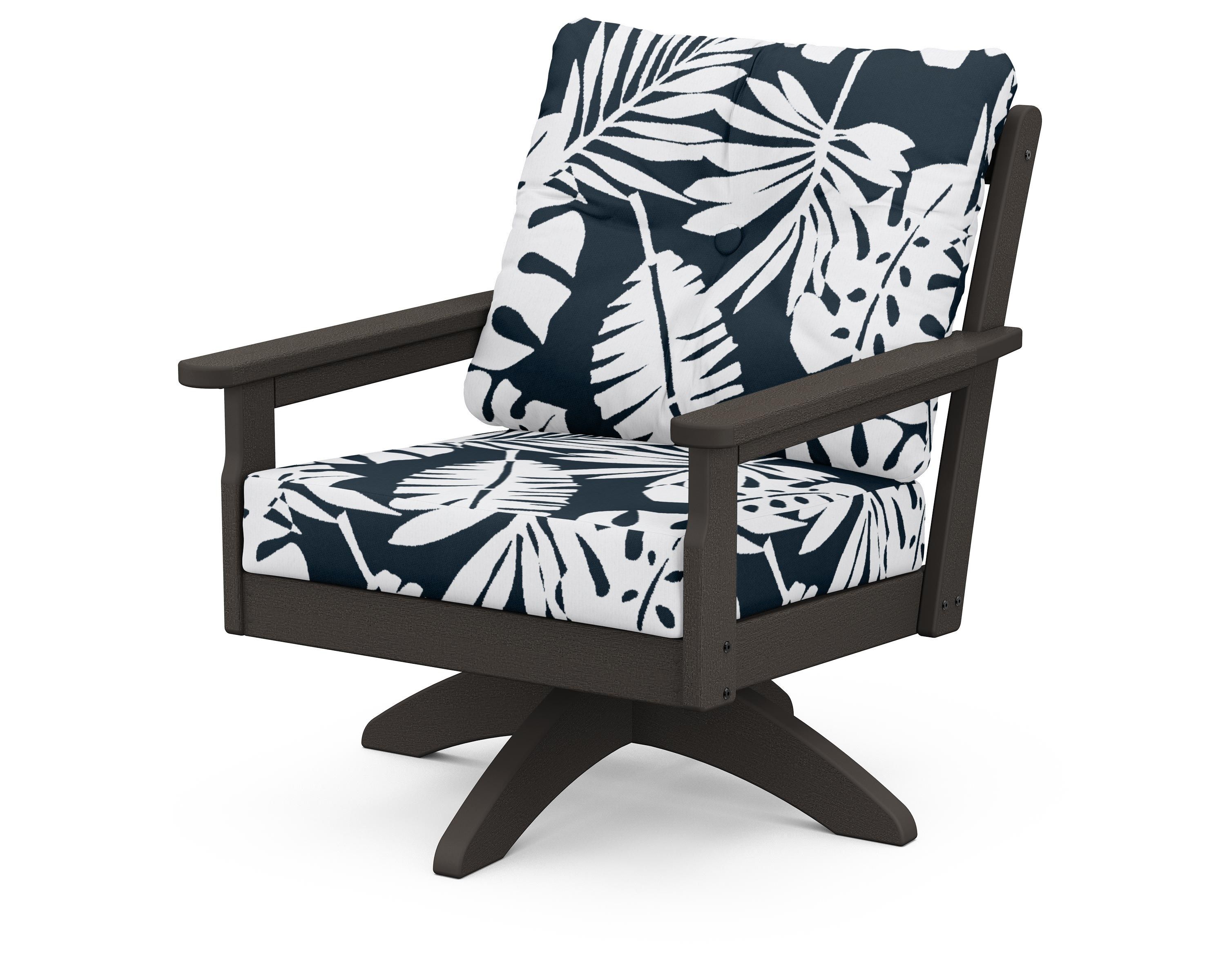 POLYWOOD® Vineyard Deep Seating Swivel Chair in Vintage Coffee / Leaf Marine Indigo