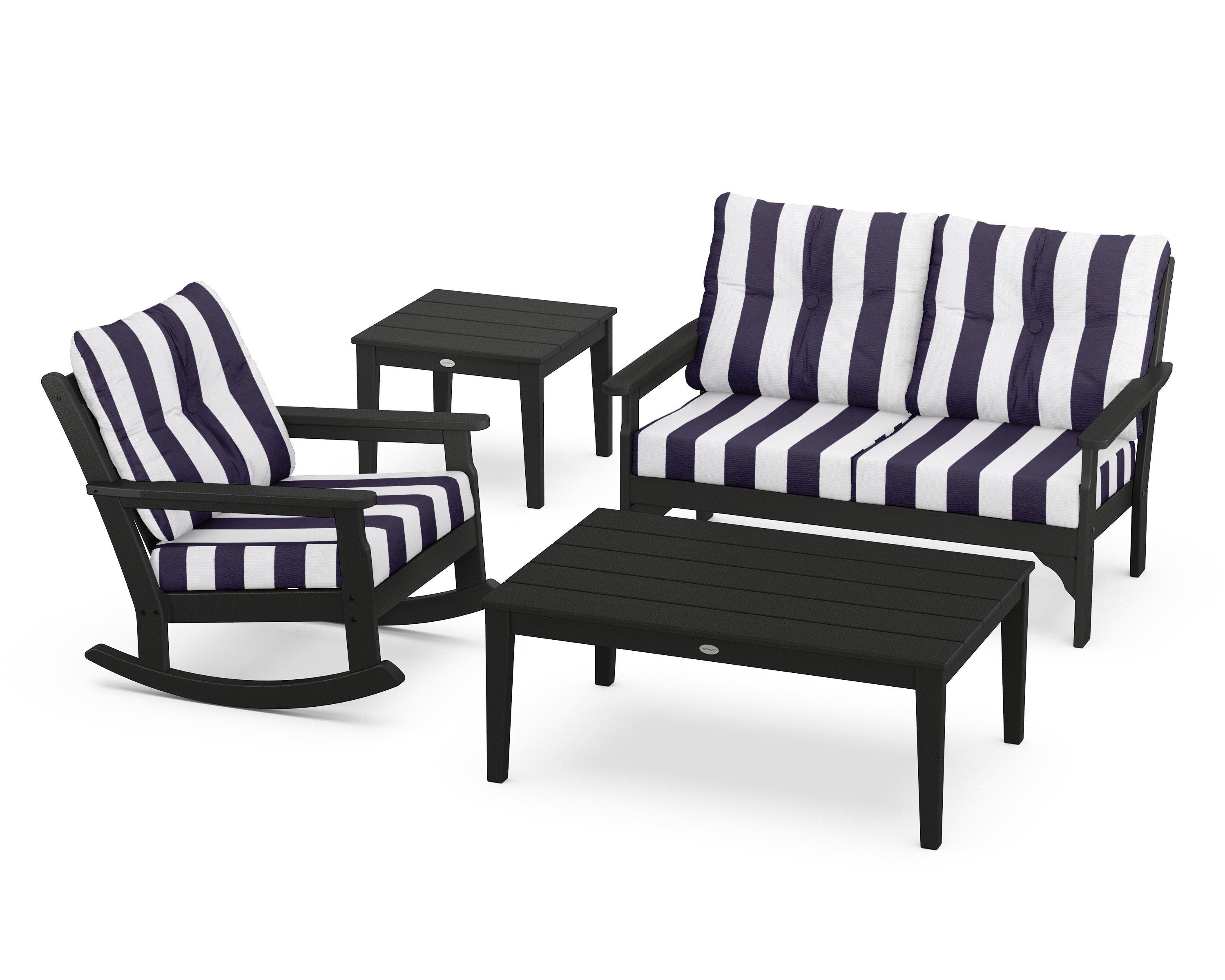 POLYWOOD® Vineyard 4-Piece Deep Seating Rocker Set in Black / Cabana Stripe Navy