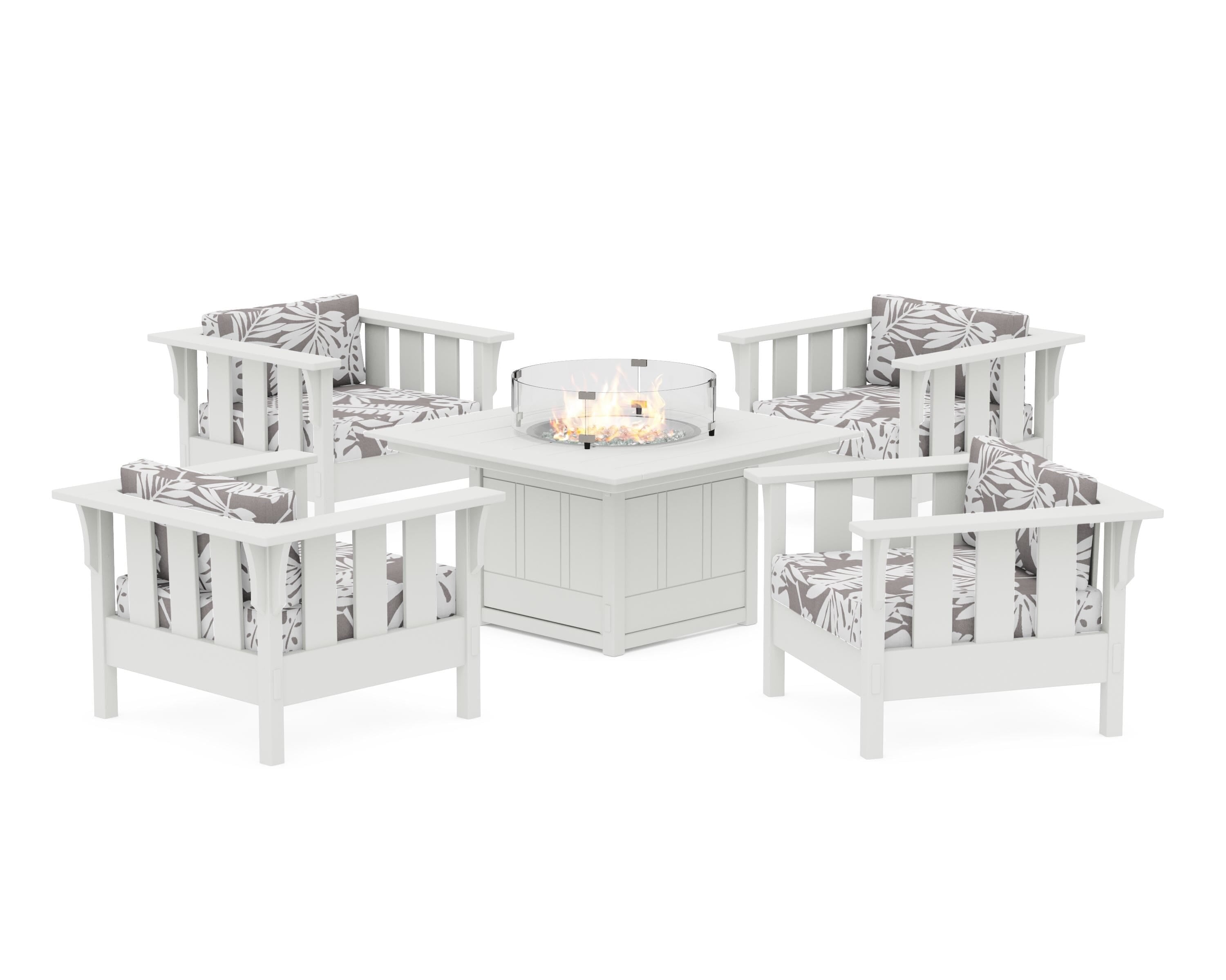 Martha Stewart by POLYWOOD® Acadia 5-Piece Deep Seating Set with Fire Pit Table in White / Leaf Grey Mist