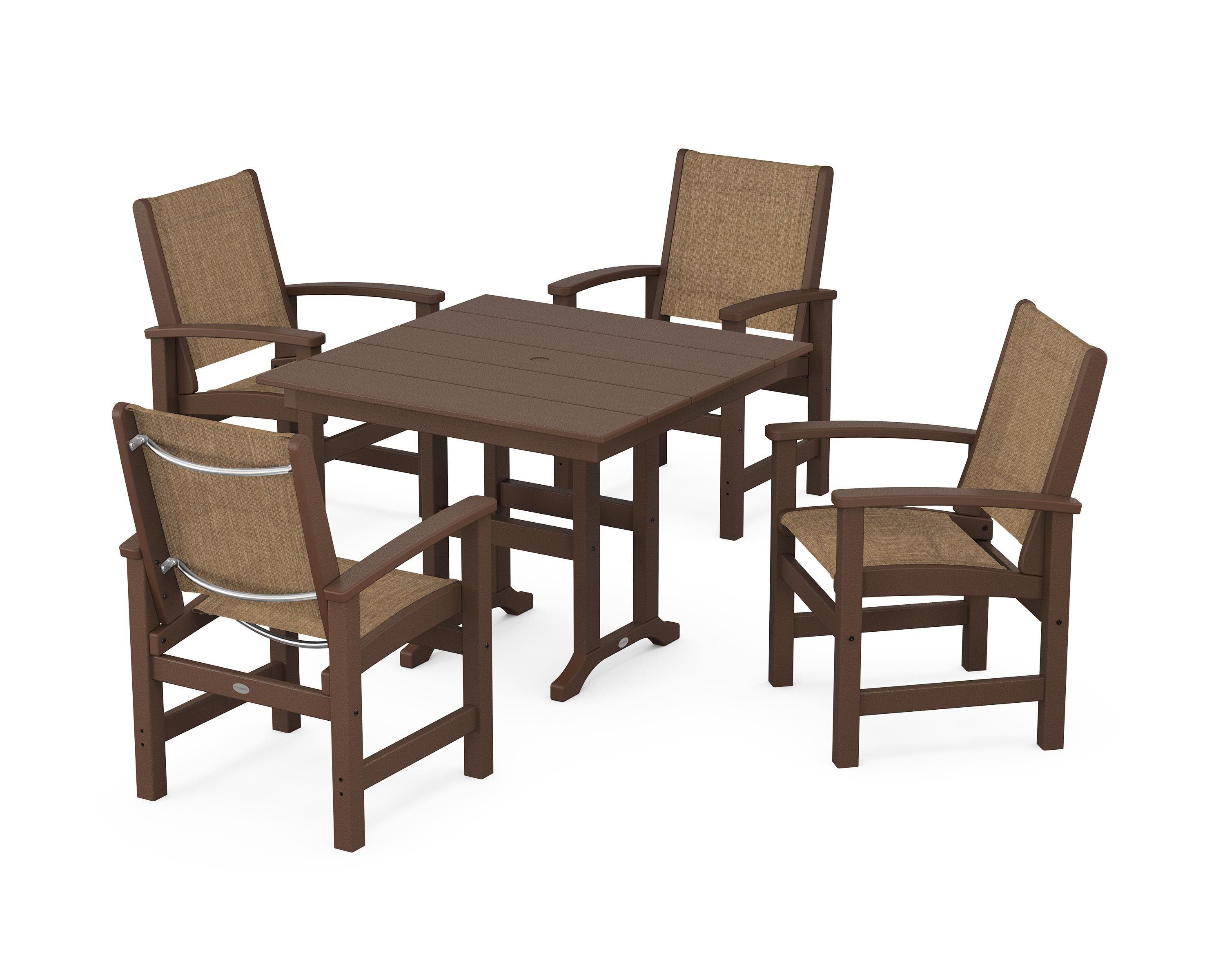 POLYWOOD® Coastal 5-Piece Farmhouse Dining Set in Mahogany / Burlap Sling