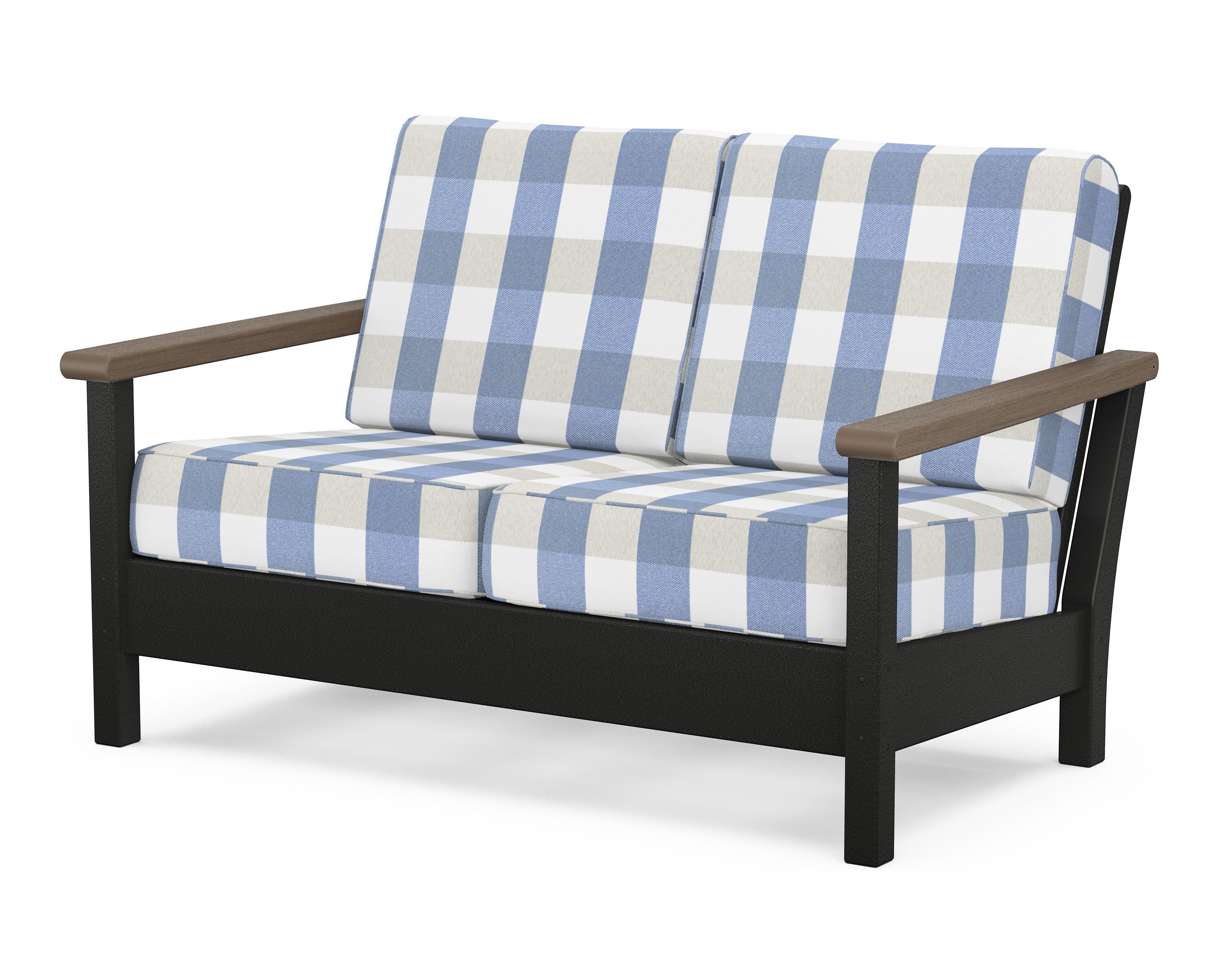POLYWOOD® Harbour Deep Seating Loveseat in Black / Kona / Buffalo Plaid Sky Blue