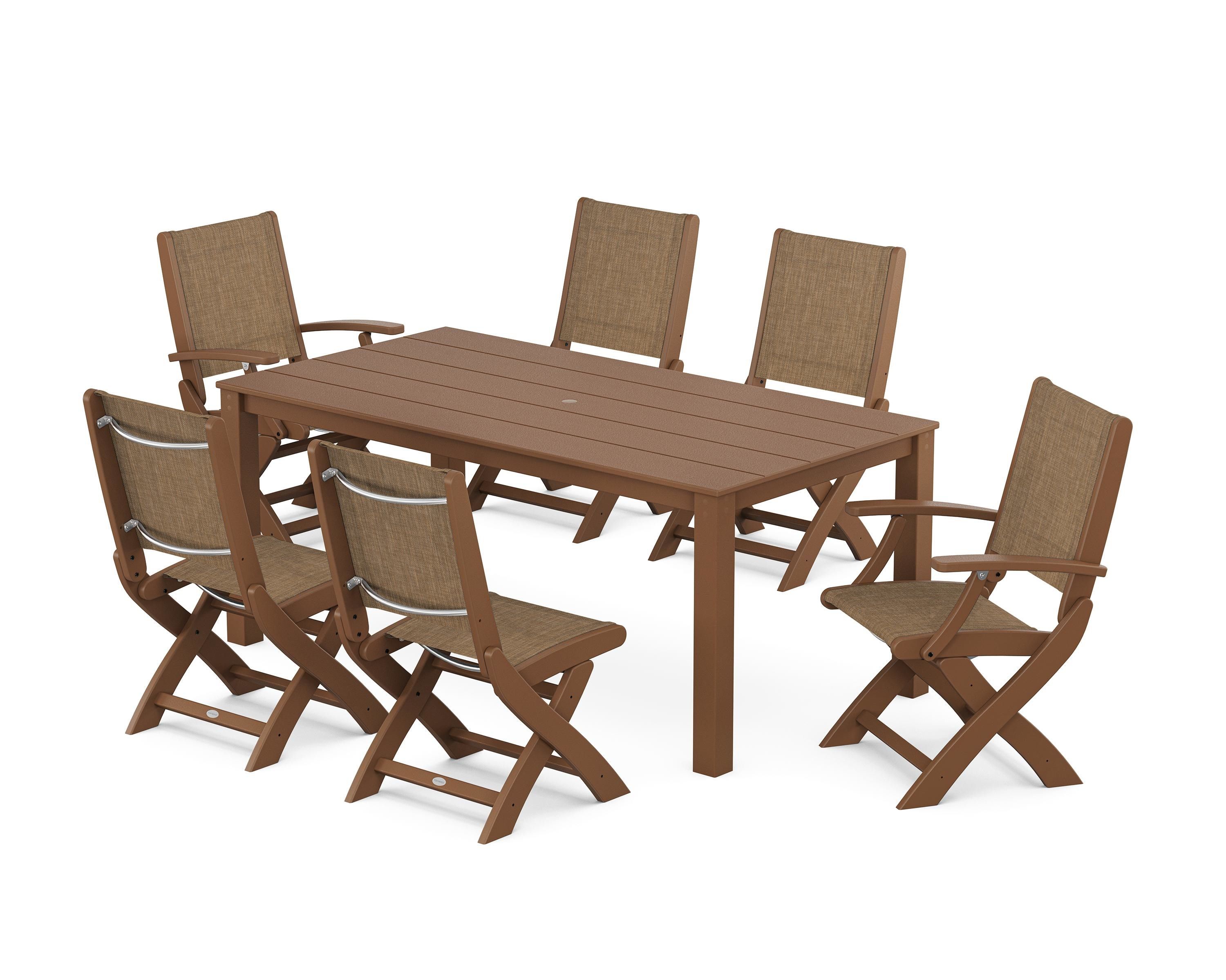 POLYWOOD® Coastal Folding Chair 7-Piece Parsons Dining Set in Teak / Burlap Sling