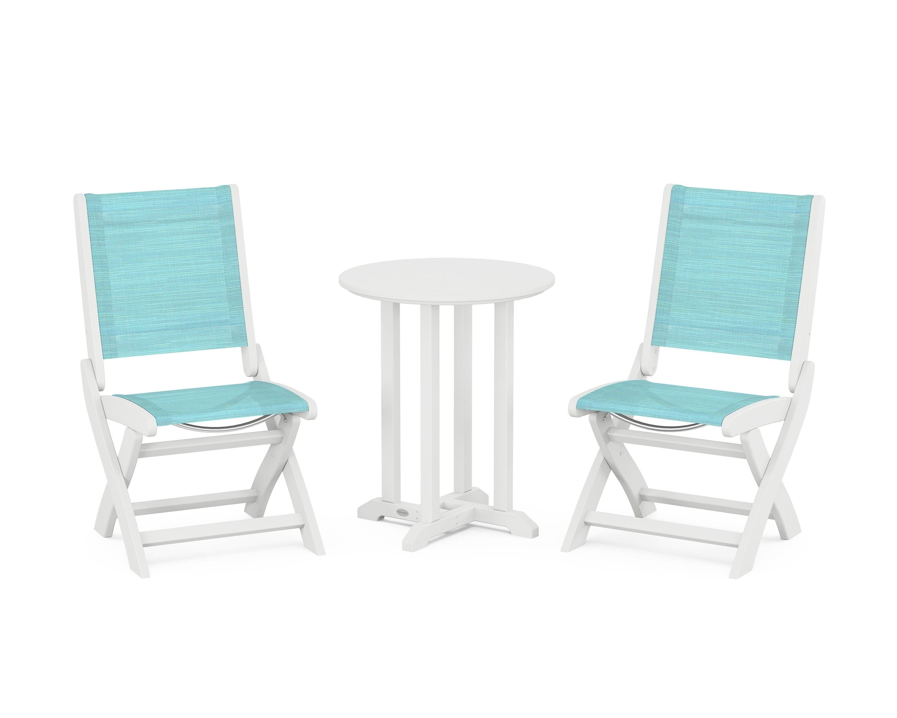 POLYWOOD® Coastal Folding Side Chair 3-Piece Round Bistro Dining Set in White / Dupioni Aquamarine Sling