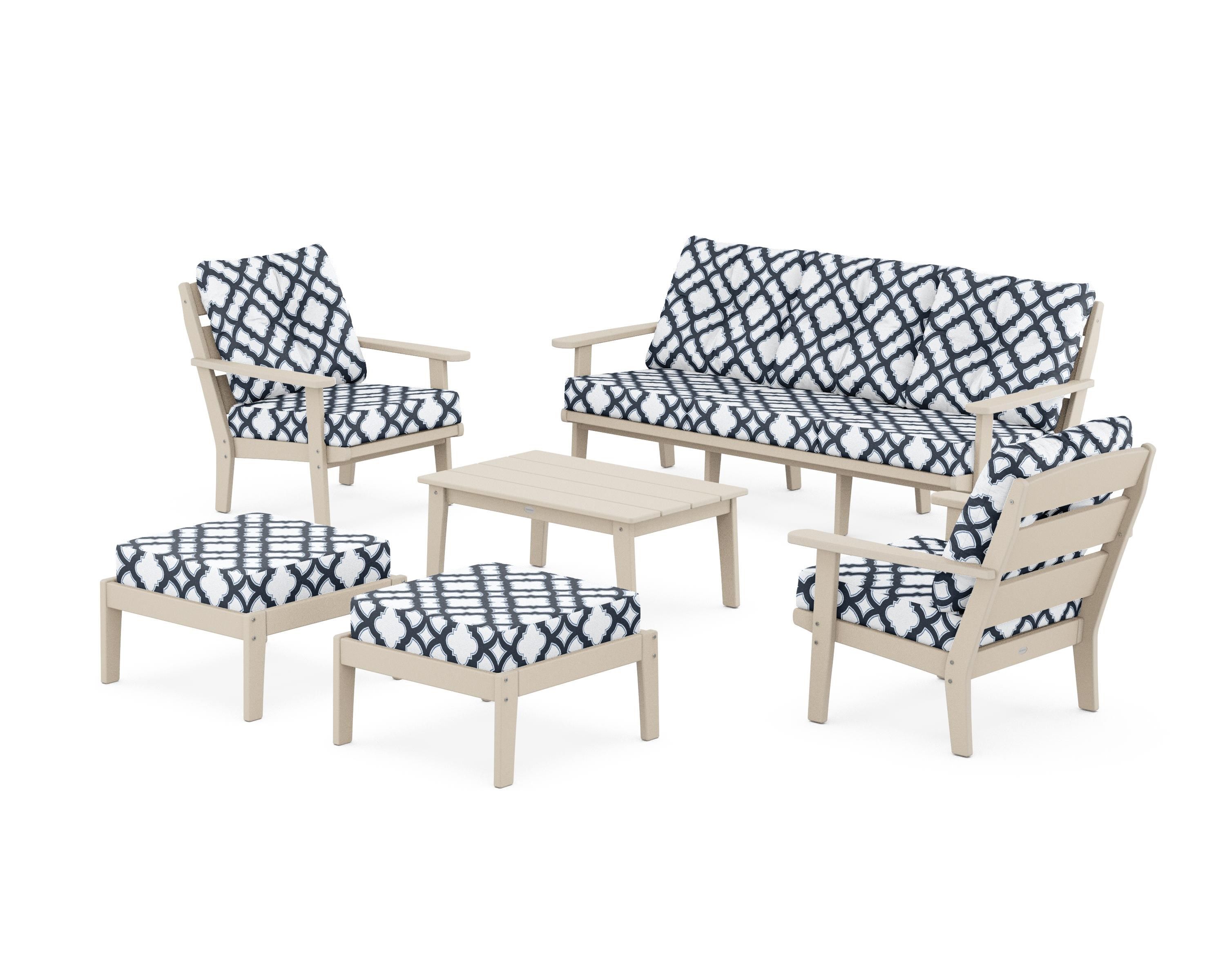POLYWOOD® Lakeside 6-Piece Lounge Sofa Set in Sand / Trellis Marine Indigo