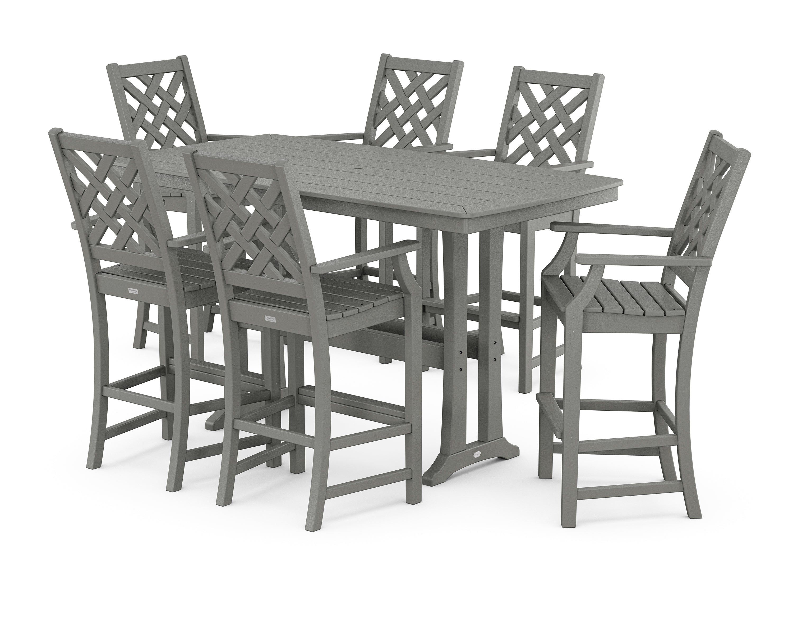 Country Living Wovendale Arm Chair 7-Piece Bar Set with Trestle Legs in Slate Grey