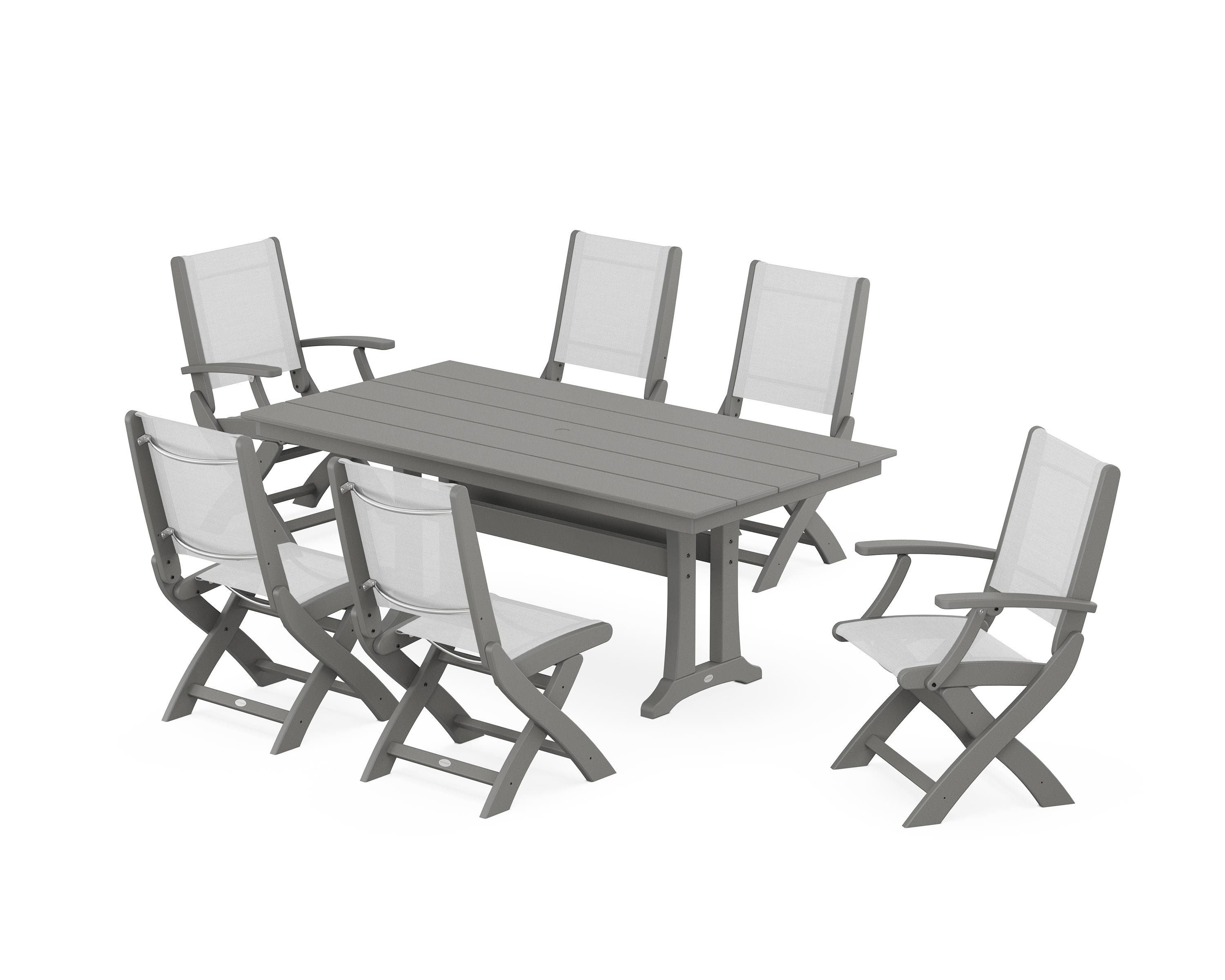 POLYWOOD® Coastal Folding Chair 7-Piece Farmhouse Dining Set with Trestle Legs in Slate Grey / White Sling