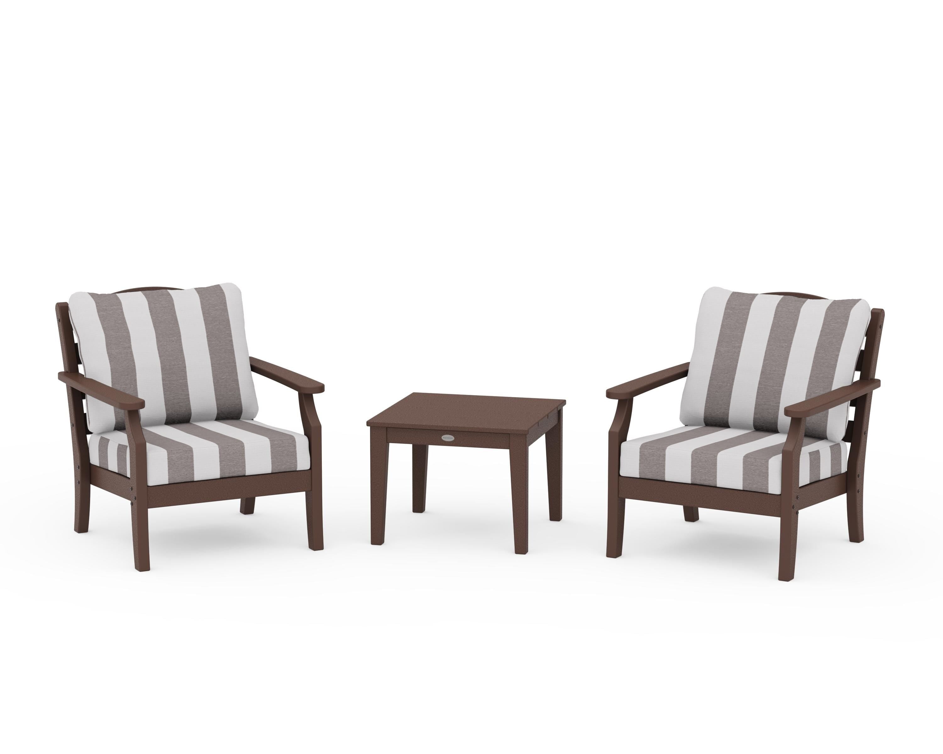 Draper James™ by POLYWOOD® Savannah 3-Piece Deep Seating Set in Mahogany / Cabana Stripe Grey Mist