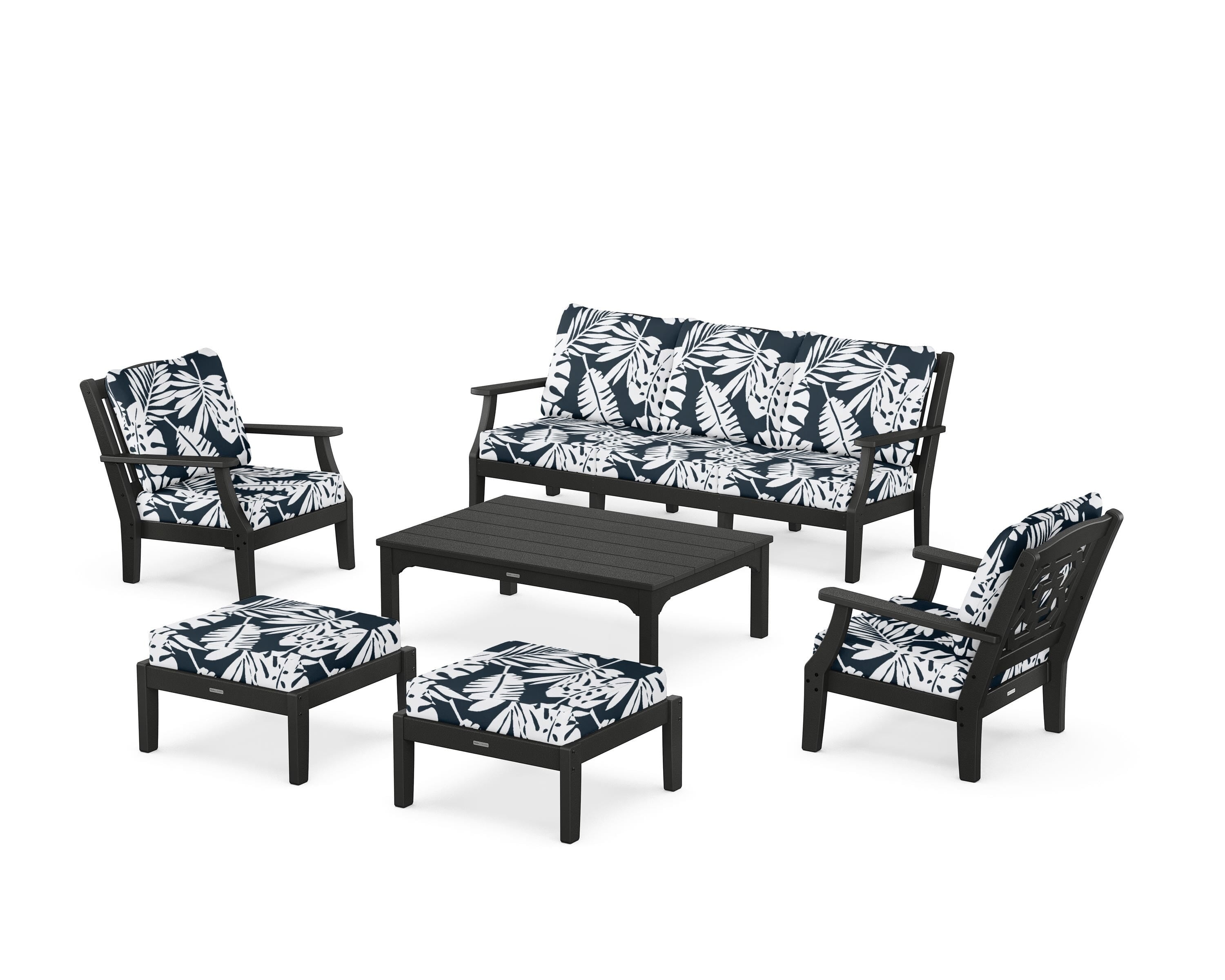 Martha Stewart by POLYWOOD® Chinoiserie 6-Piece Lounge Sofa Set in Black / Leaf Marine Indigo