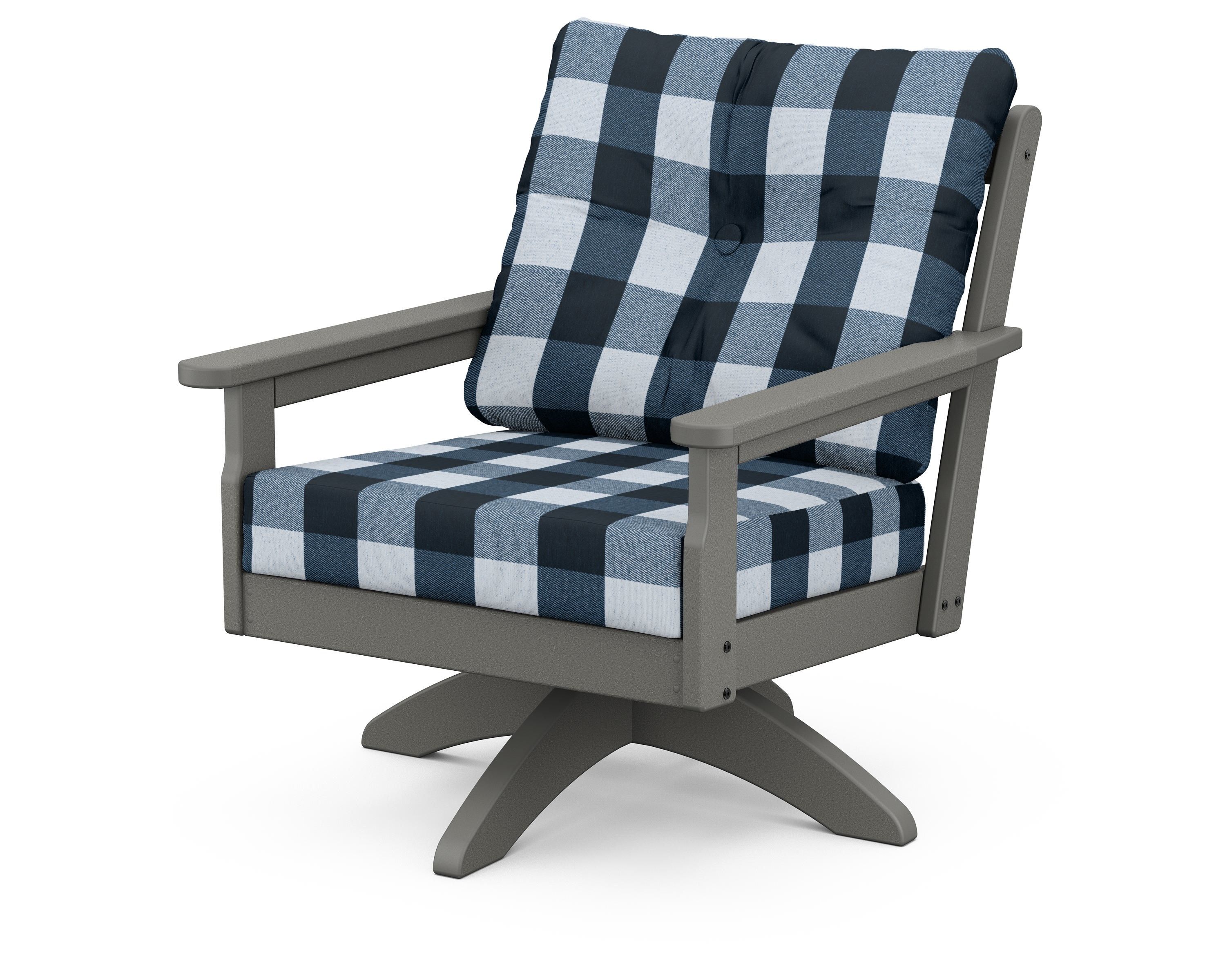 POLYWOOD® Vineyard Deep Seating Swivel Chair in Slate Grey / Buffalo Plaid Marine Indigo