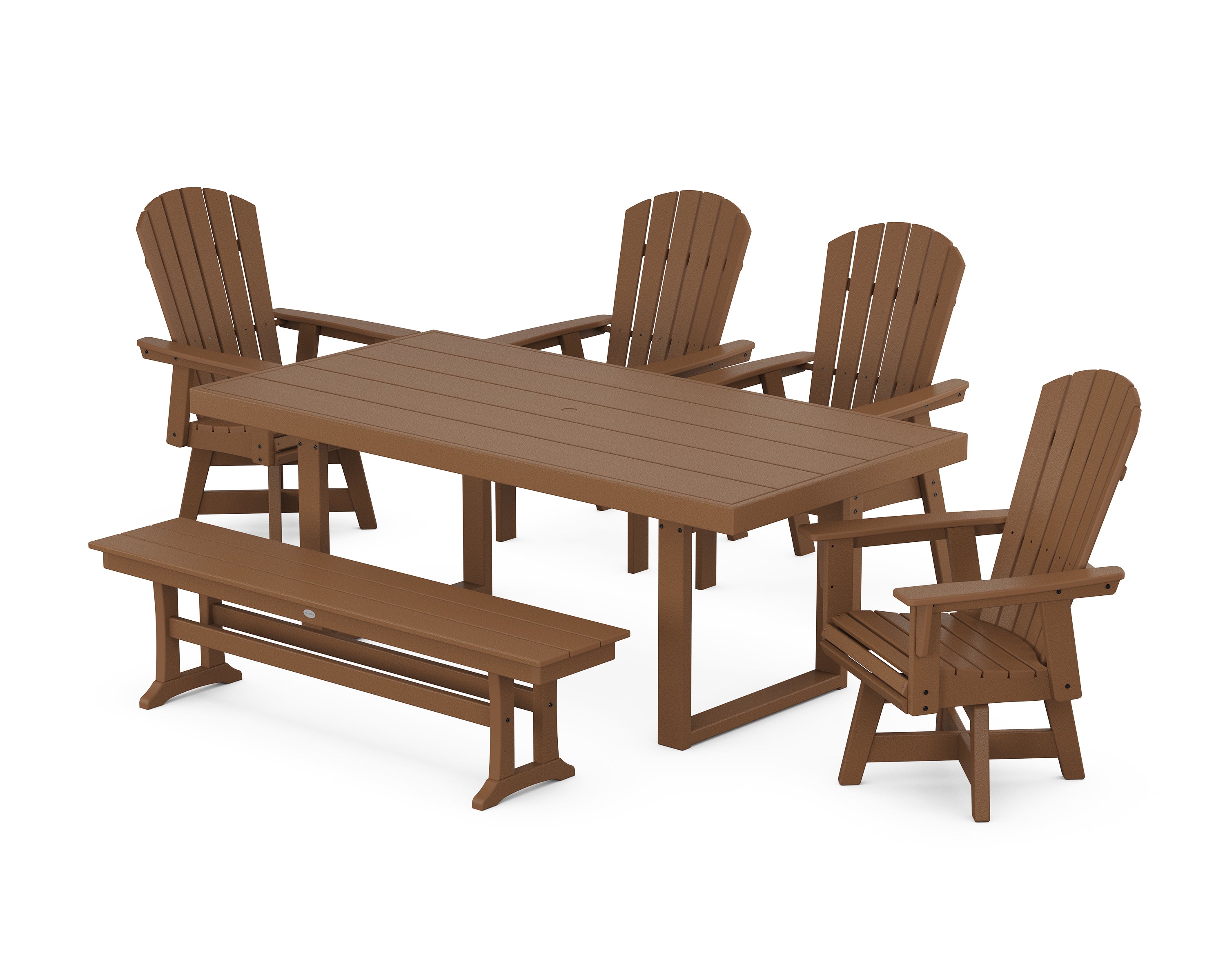 POLYWOOD® Nautical Curveback Adirondack Swivel Chair 6-Piece Dining Set with Bench in Teak