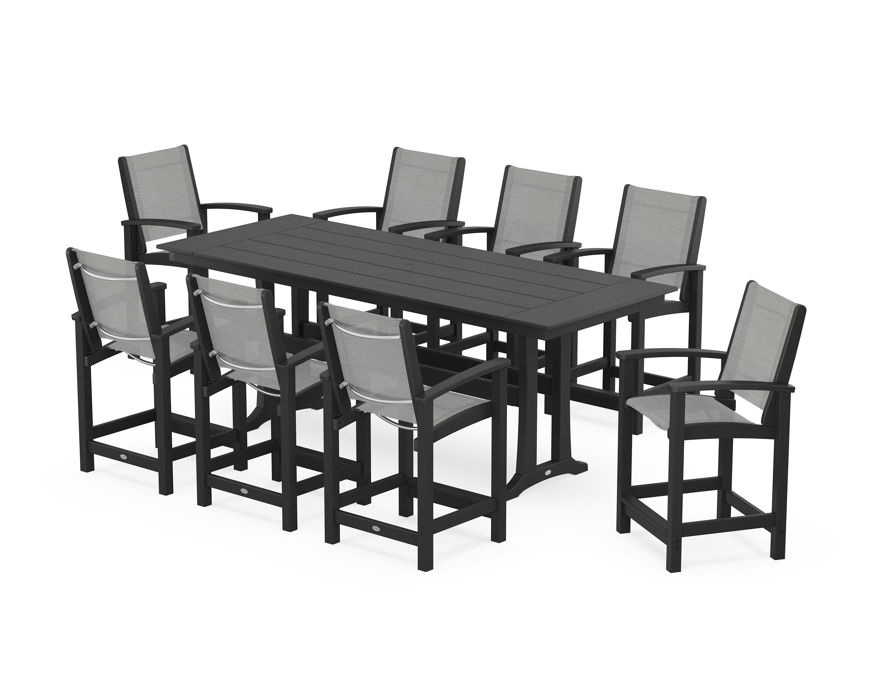 POLYWOOD® Coastal 9-Piece Farmhouse Counter Set with Trestle Legs in Black / Metallic Sling