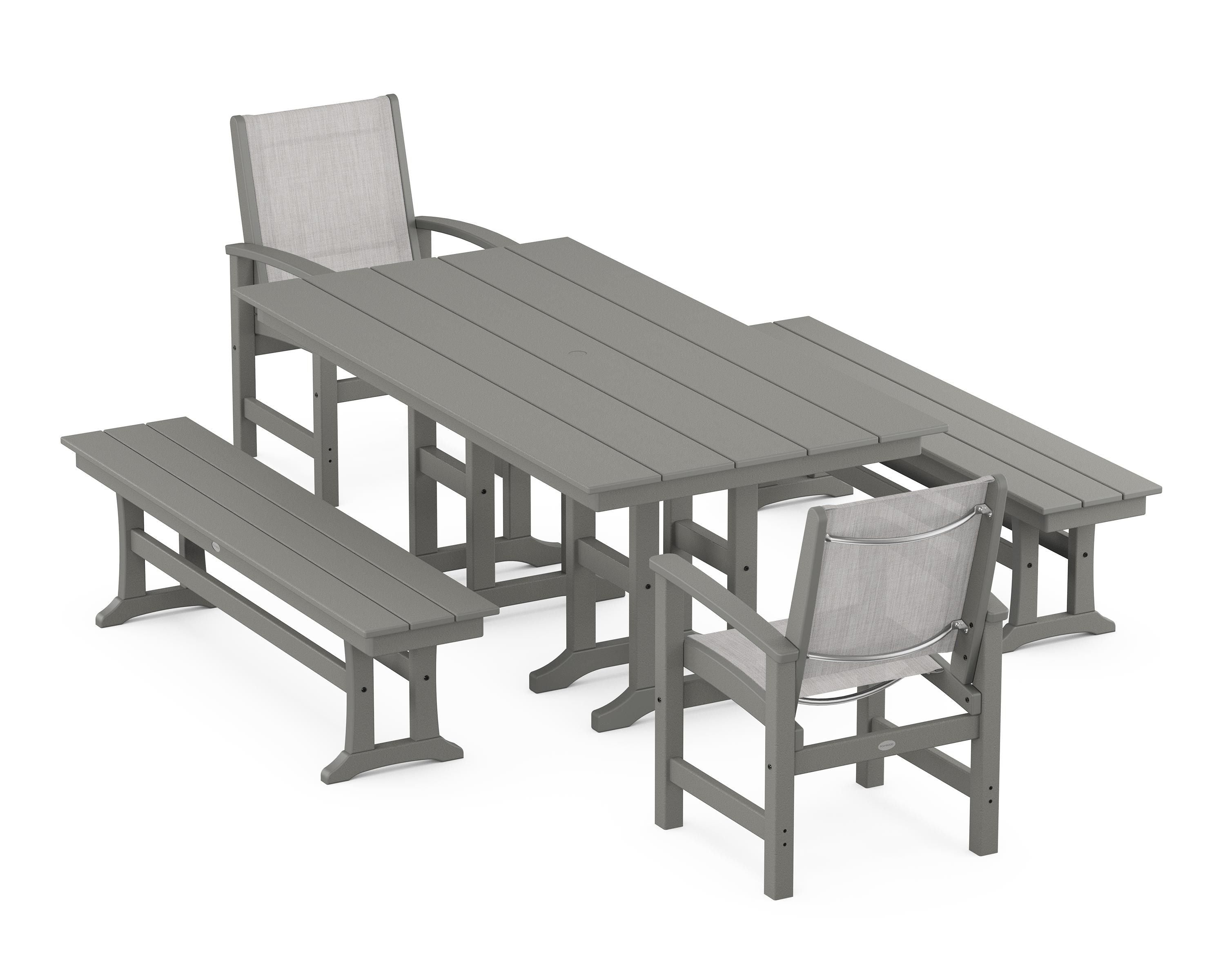 POLYWOOD® Coastal 5-Piece Farmhouse Dining Set in Slate Grey / Parchment Sling