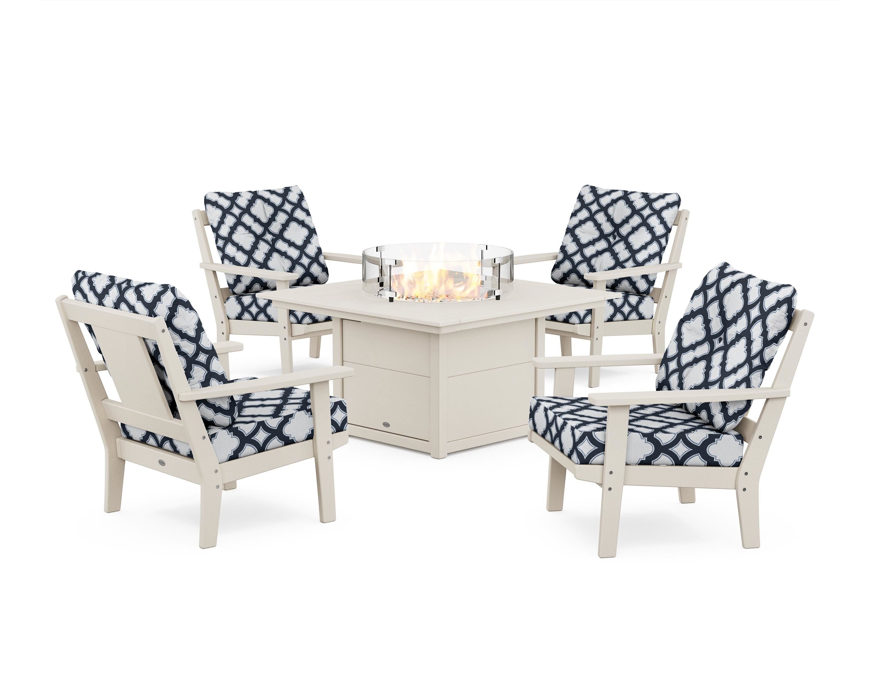 POLYWOOD® Prairie 5-Piece Deep Seating Set with Fire Pit Table in Sand / Trellis Marine Indigo