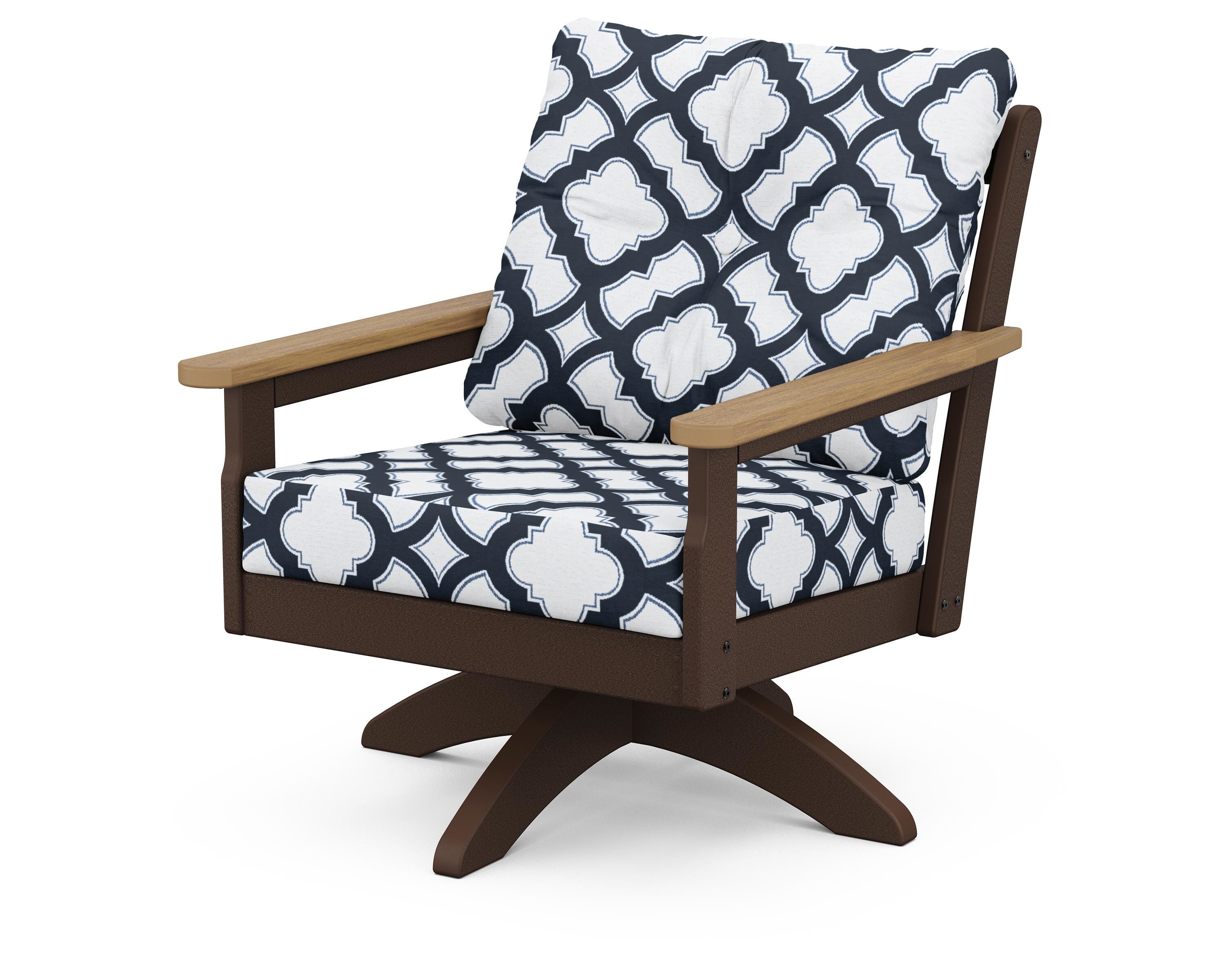 POLYWOOD® Vineyard Deep Seating Swivel Chair in Mahogany / Natural / Trellis Marine Indigo