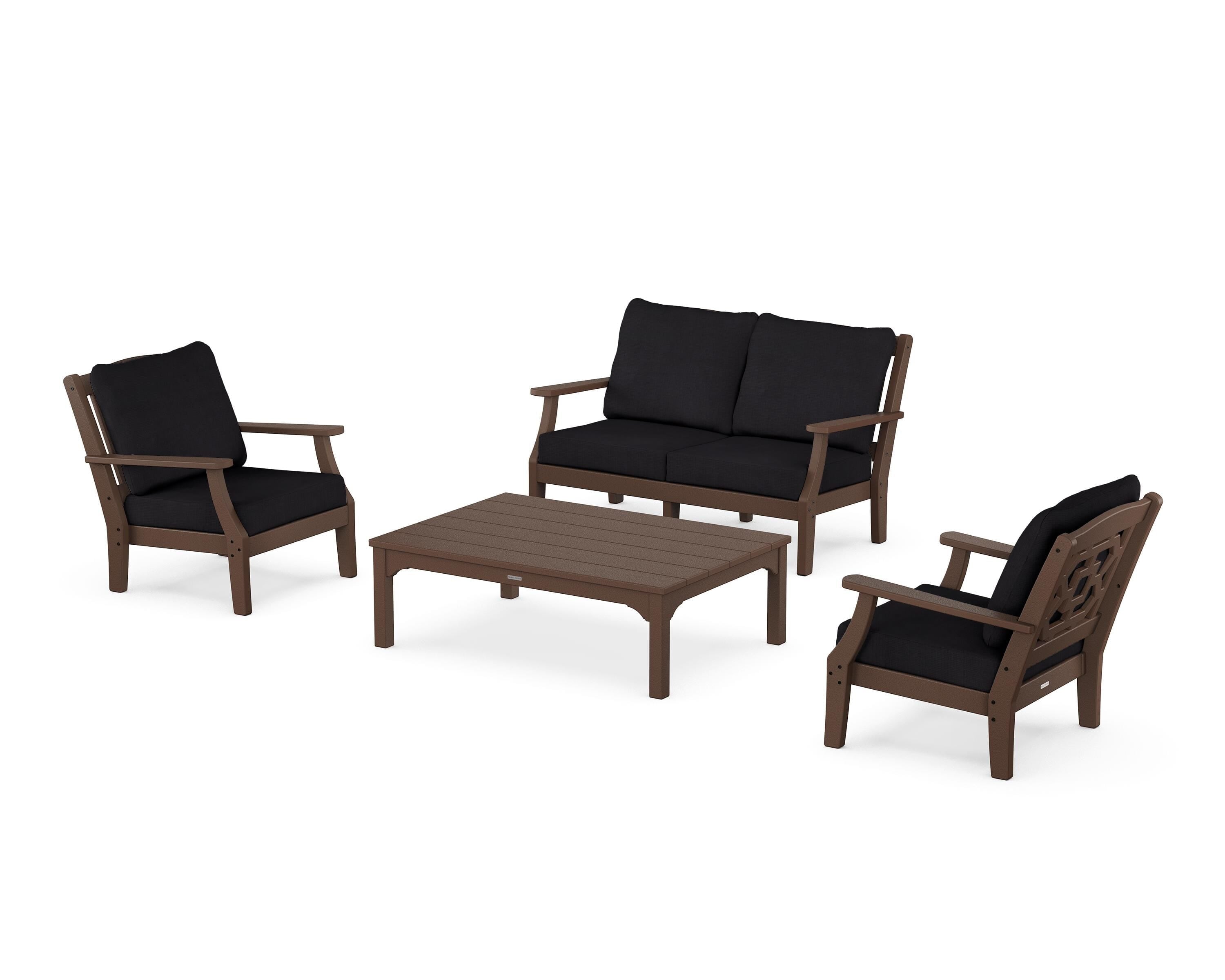 Martha Stewart by POLYWOOD® Chinoiserie 4-Piece Deep Seating Set with Loveseat in Mahogany / Midnight Linen