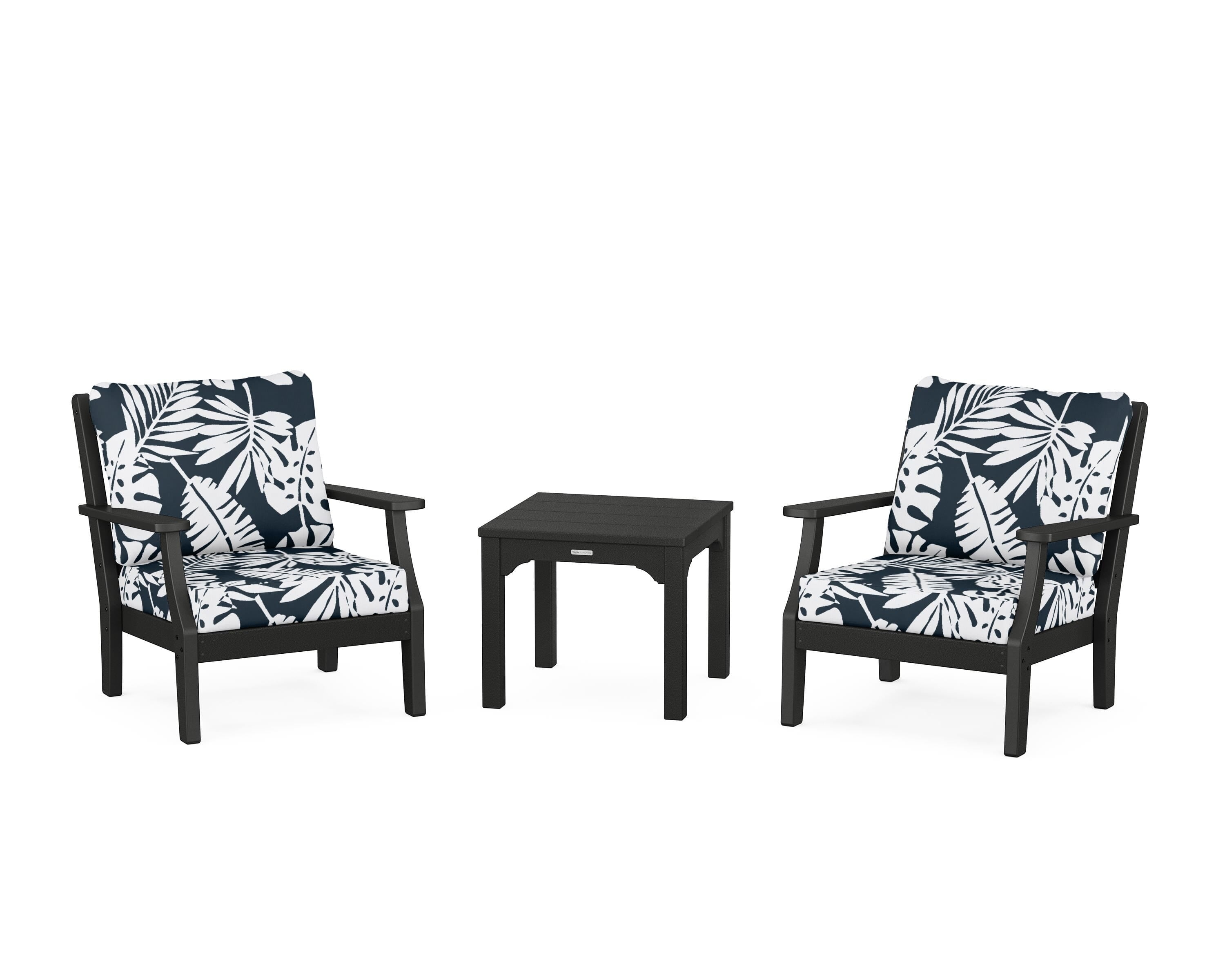 Martha Stewart by POLYWOOD® Chinoiserie 3-Piece Deep Seating Set in Black / Leaf Marine Indigo
