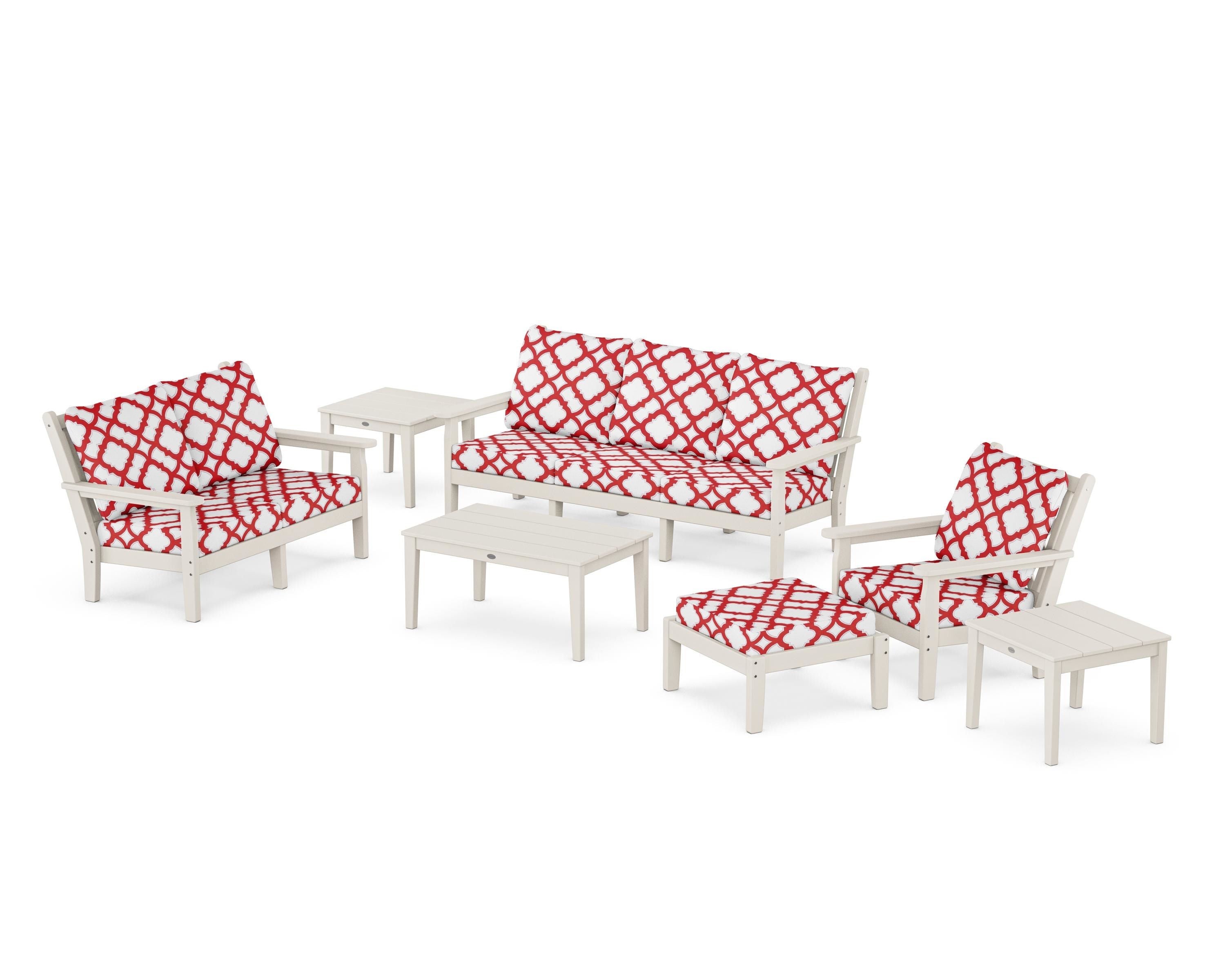 POLYWOOD® Chippendale 7-Piece Deep Seating Set in Sand / Trellis Crimson