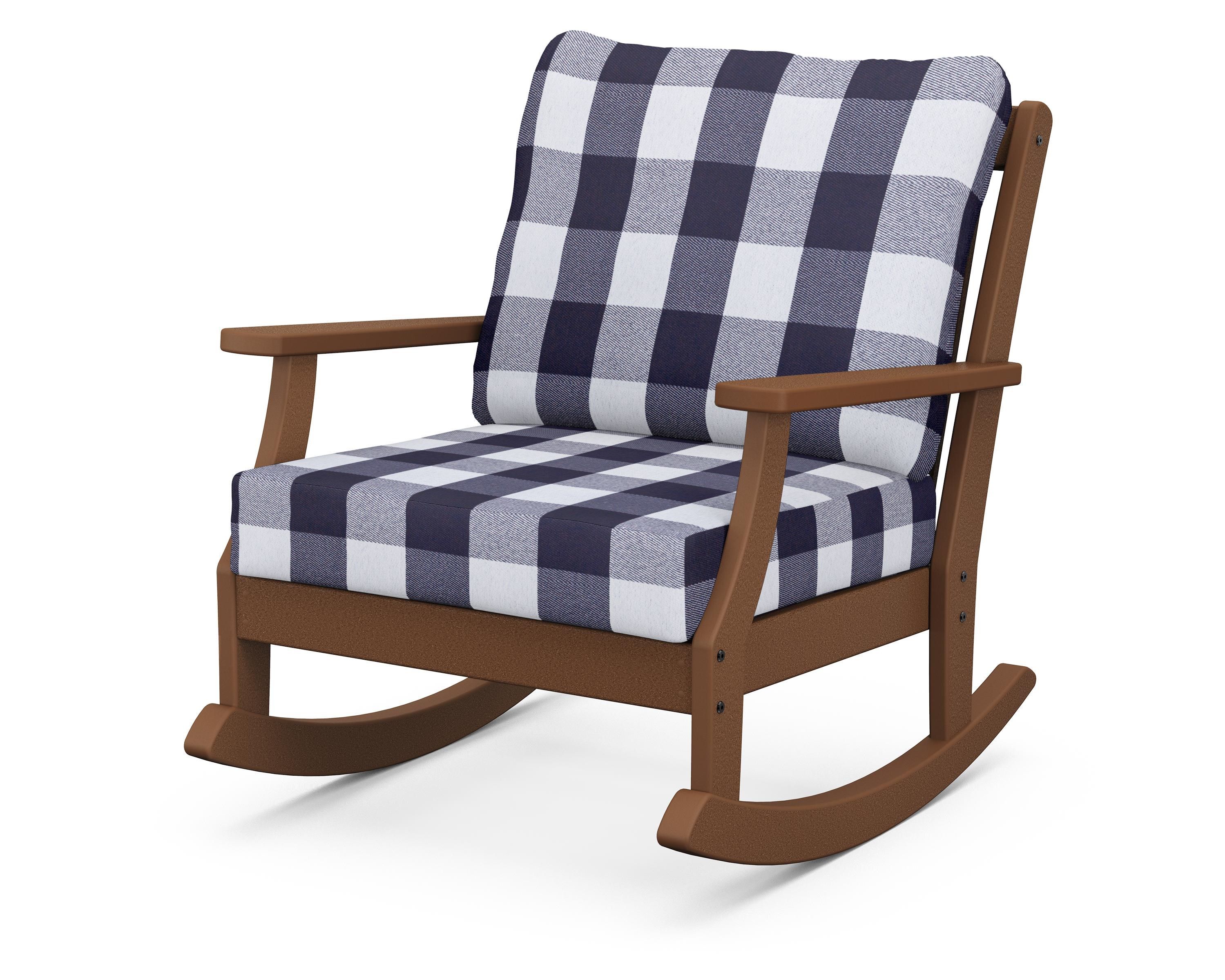POLYWOOD® Braxton Deep Seating Rocking Chair in Teak / Buffalo Plaid Navy