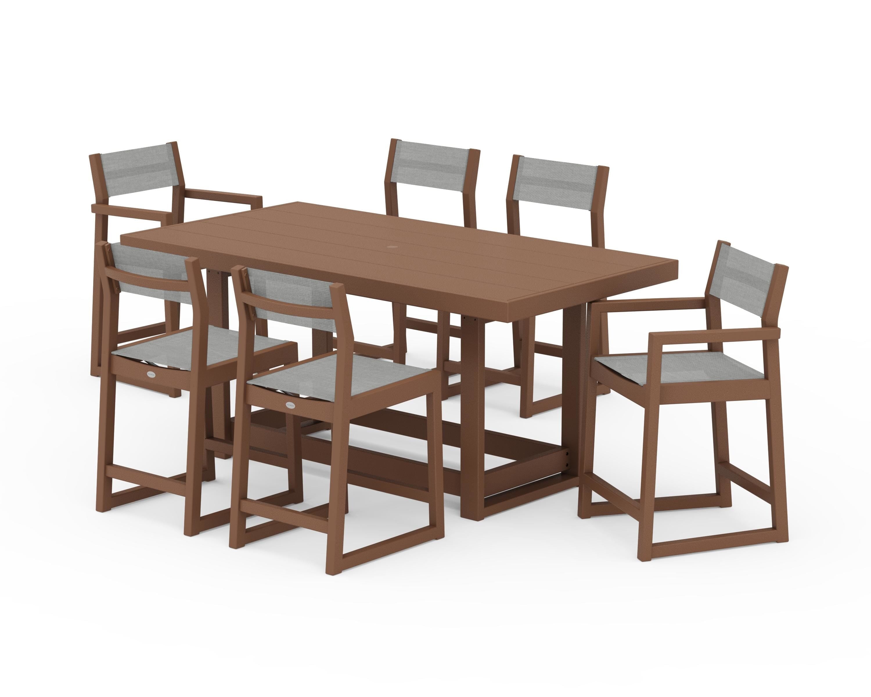 POLYWOOD® EDGE Sling 7-Piece Counter Table Set in Teak / Metallic Sling