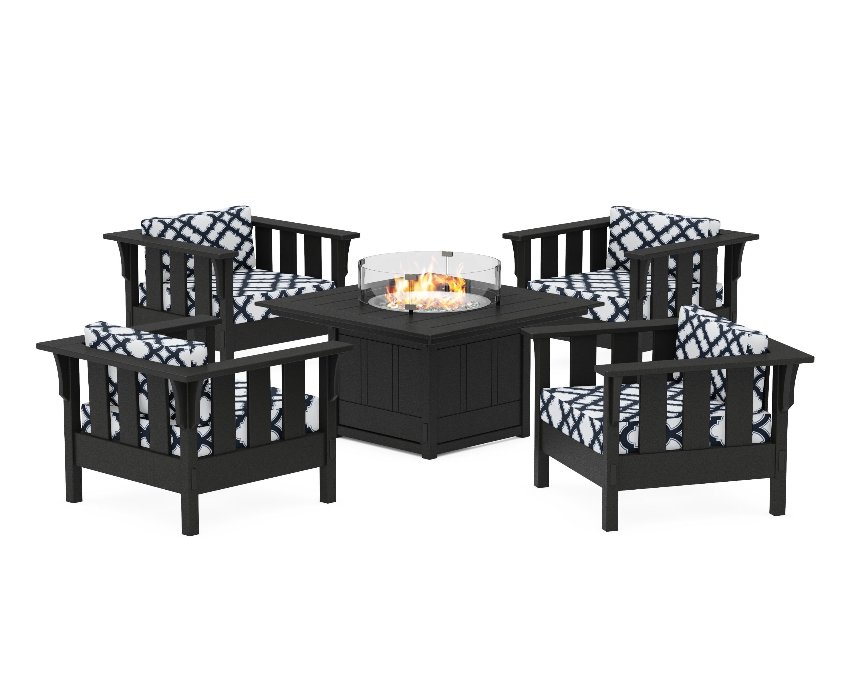 Martha Stewart by POLYWOOD® Acadia 5-Piece Deep Seating Set with Fire Pit Table in Black / Trellis Marine Indigo