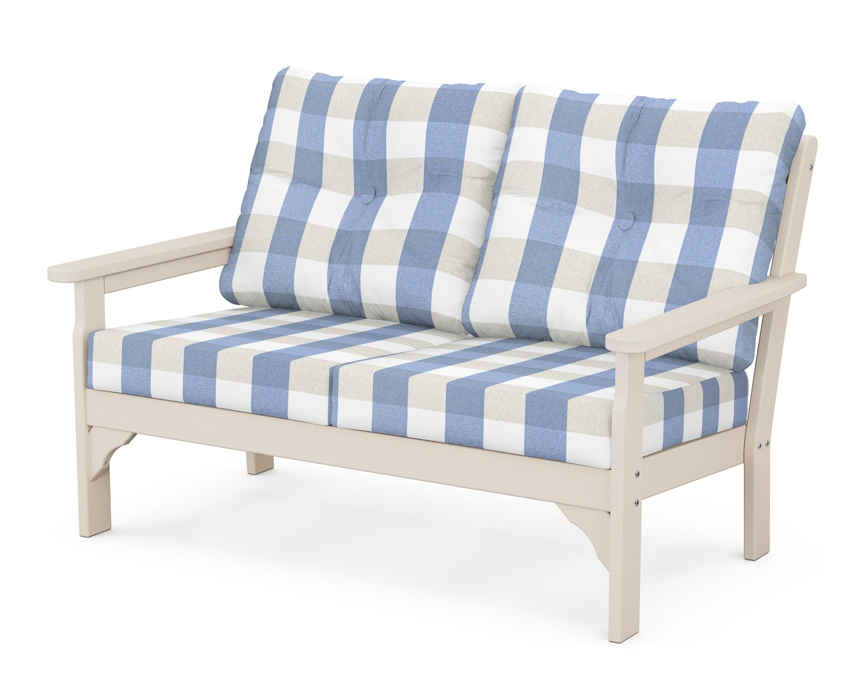 POLYWOOD® Vineyard Deep Seating Loveseat in Sand / Buffalo Plaid Sky Blue