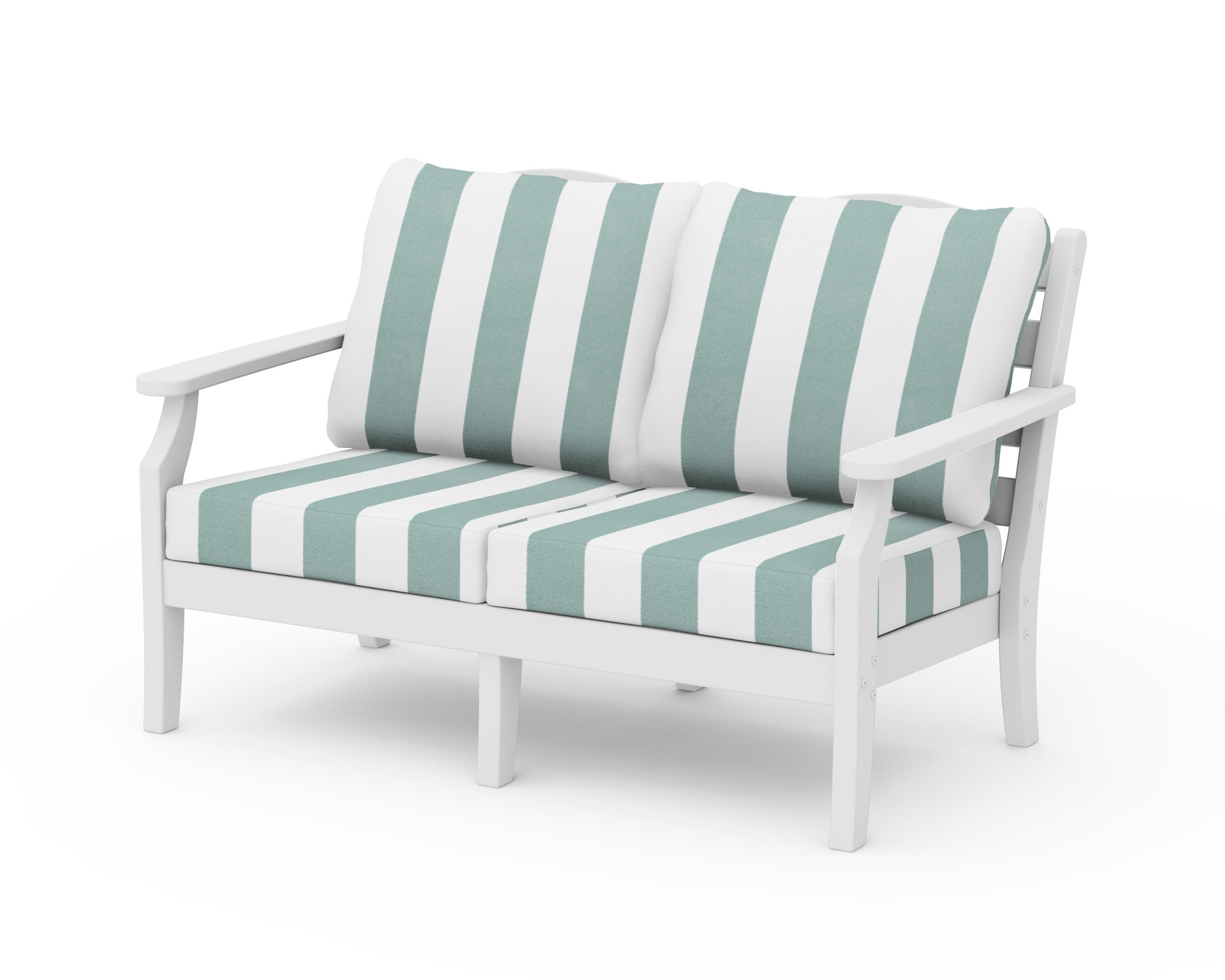 Draper James™ by POLYWOOD® Savannah Deep Seating Loveseat in White / Cabana Stripe Glacier Spa