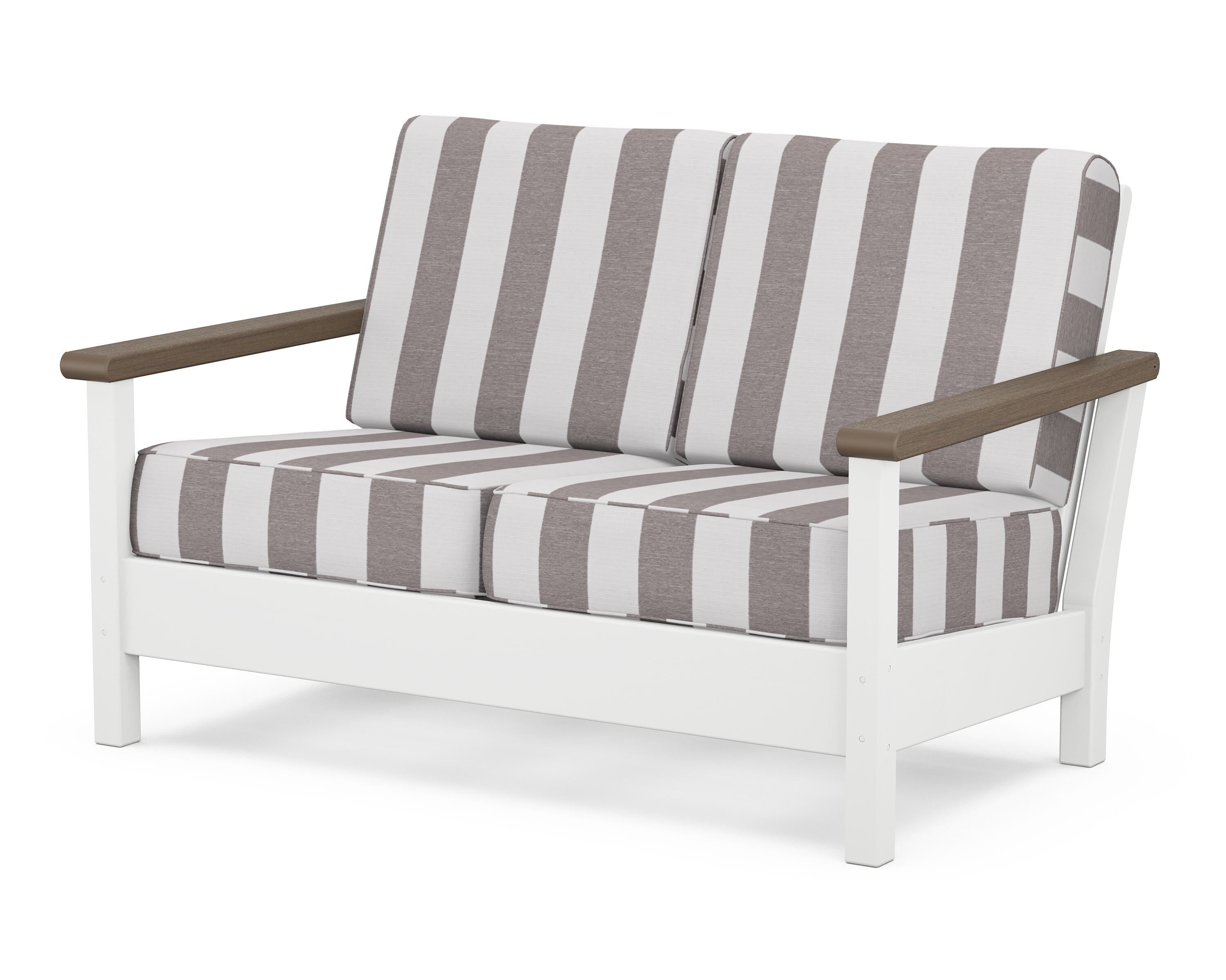 POLYWOOD® Harbour Deep Seating Loveseat in White / Kona / Cabana Stripe Grey Mist
