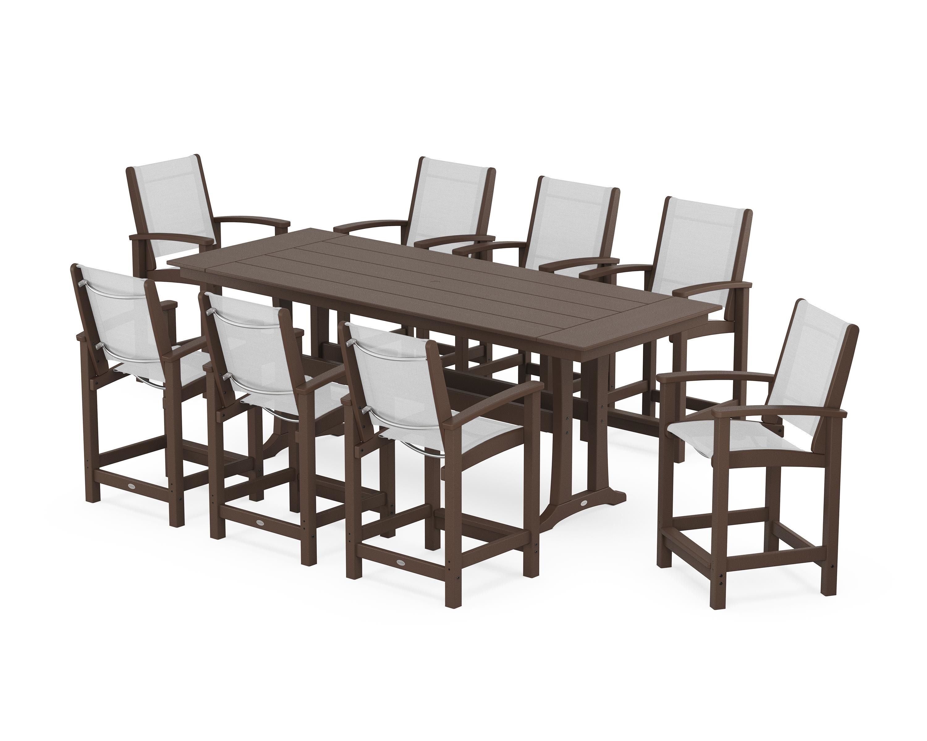 POLYWOOD® Coastal 9-Piece Farmhouse Counter Set with Trestle Legs in Mahogany / White Sling
