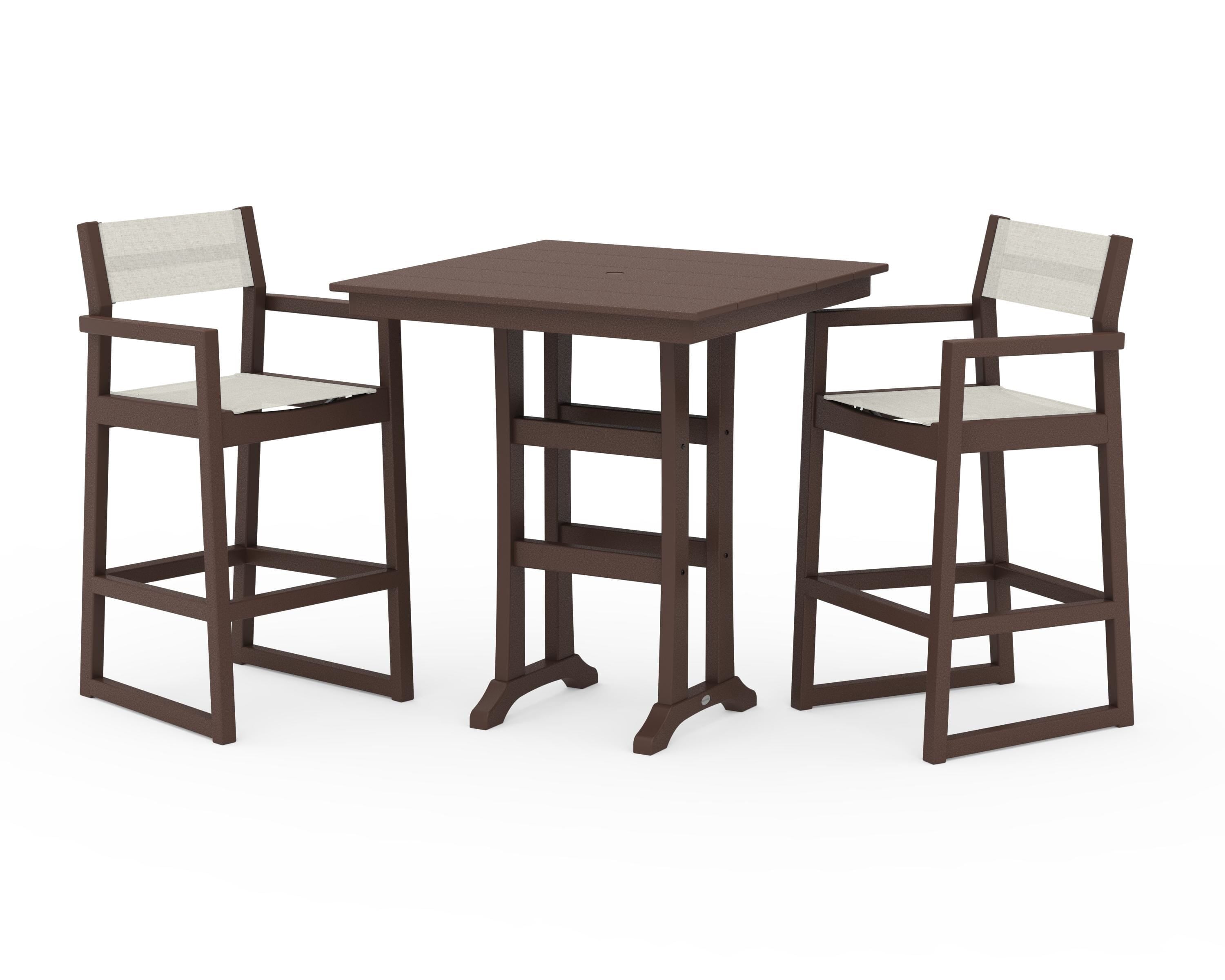 POLYWOOD® EDGE Sling Arm Chair 3-Piece Farmhouse Bar Set with Trestle Legs in Mahogany / Parchment Sling