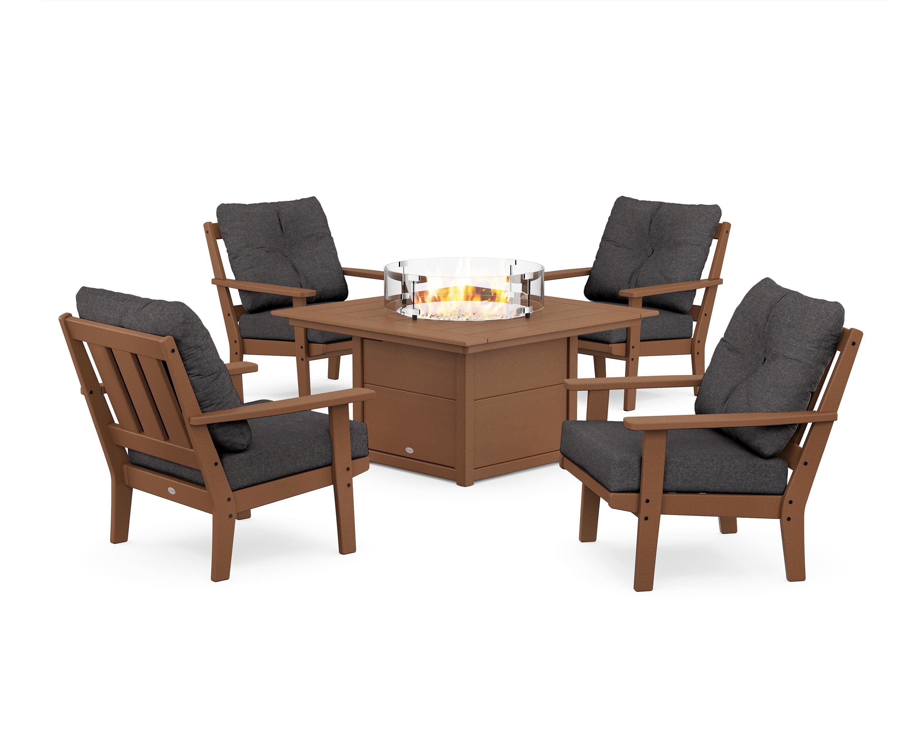 POLYWOOD® Oxford 5-Piece Deep Seating Set with Fire Pit Table in Teak / Ash Charcoal