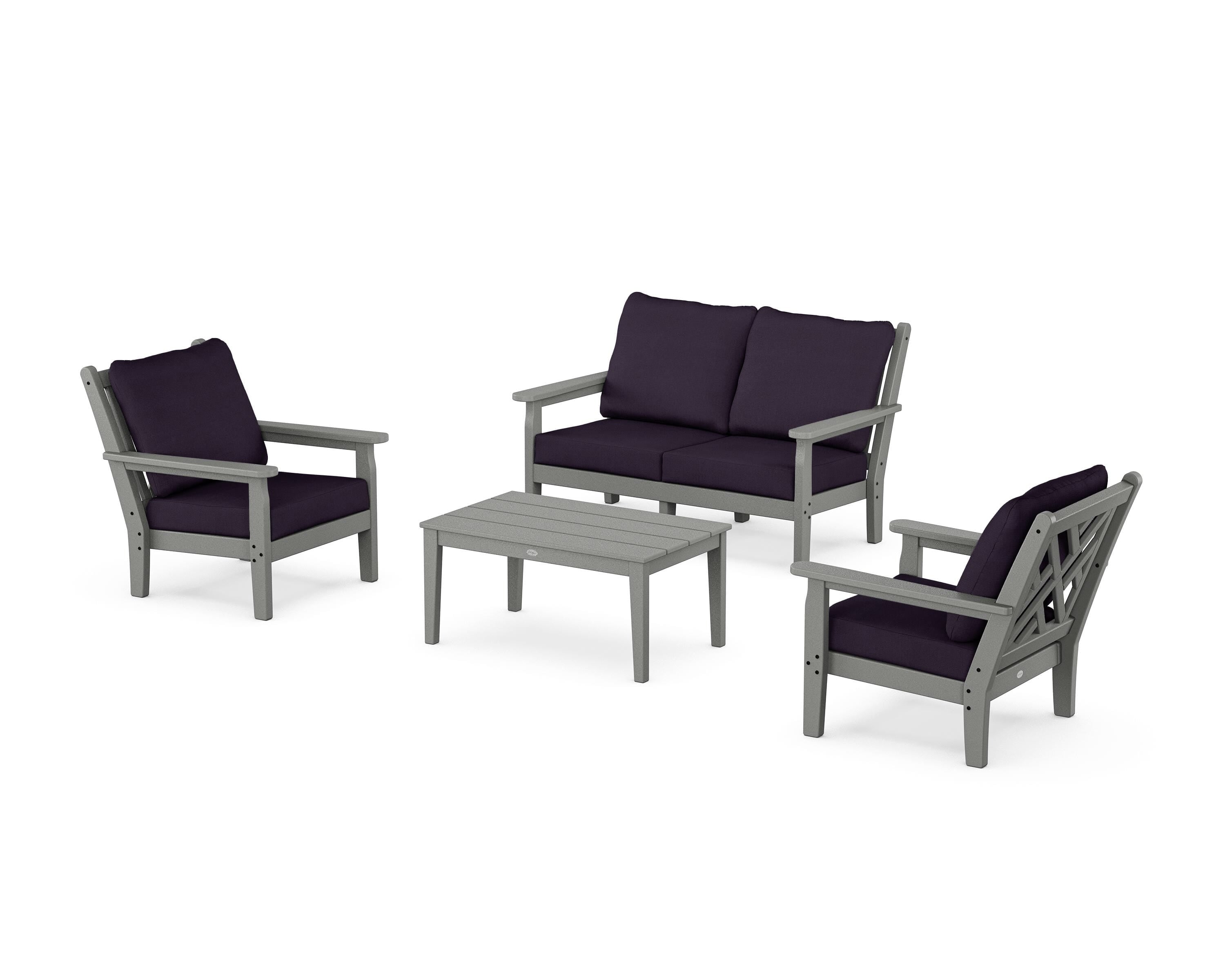 POLYWOOD® Chippendale 4-Piece Deep Seating Set with Loveseat in Slate Grey / Navy Linen